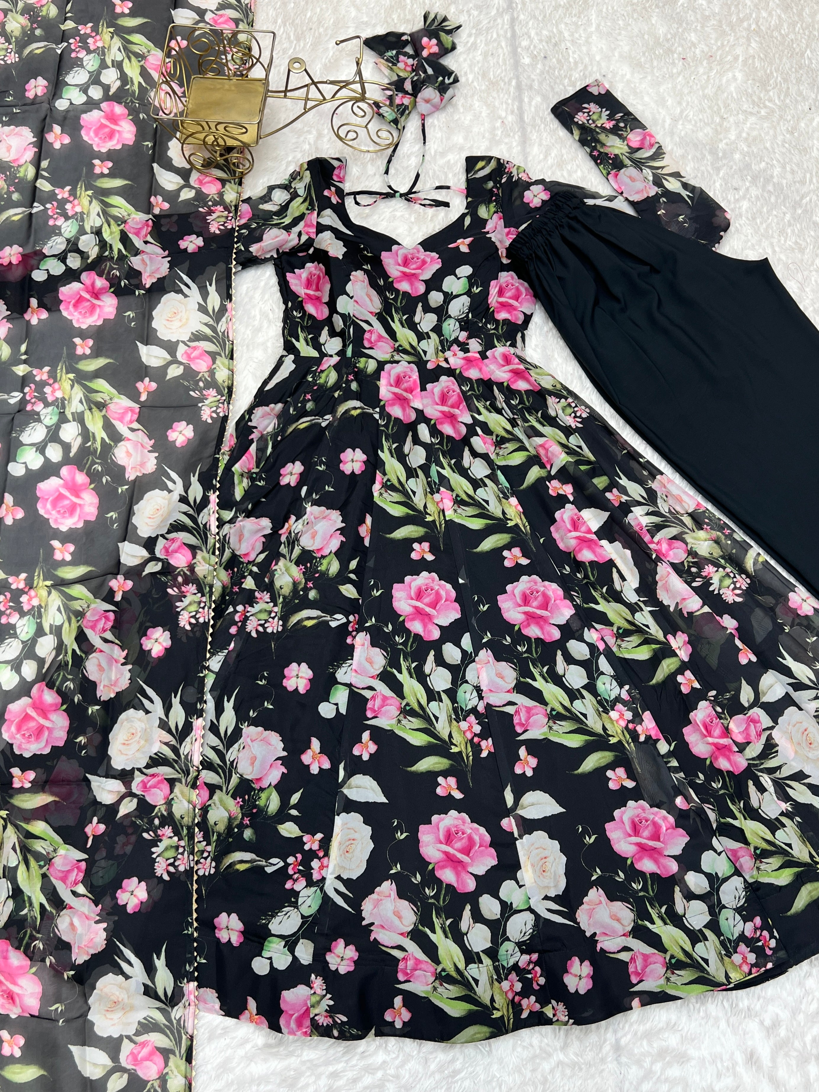 Ravishing Black Pure Organza Silk Floral Printed Anarkali Pant Suit