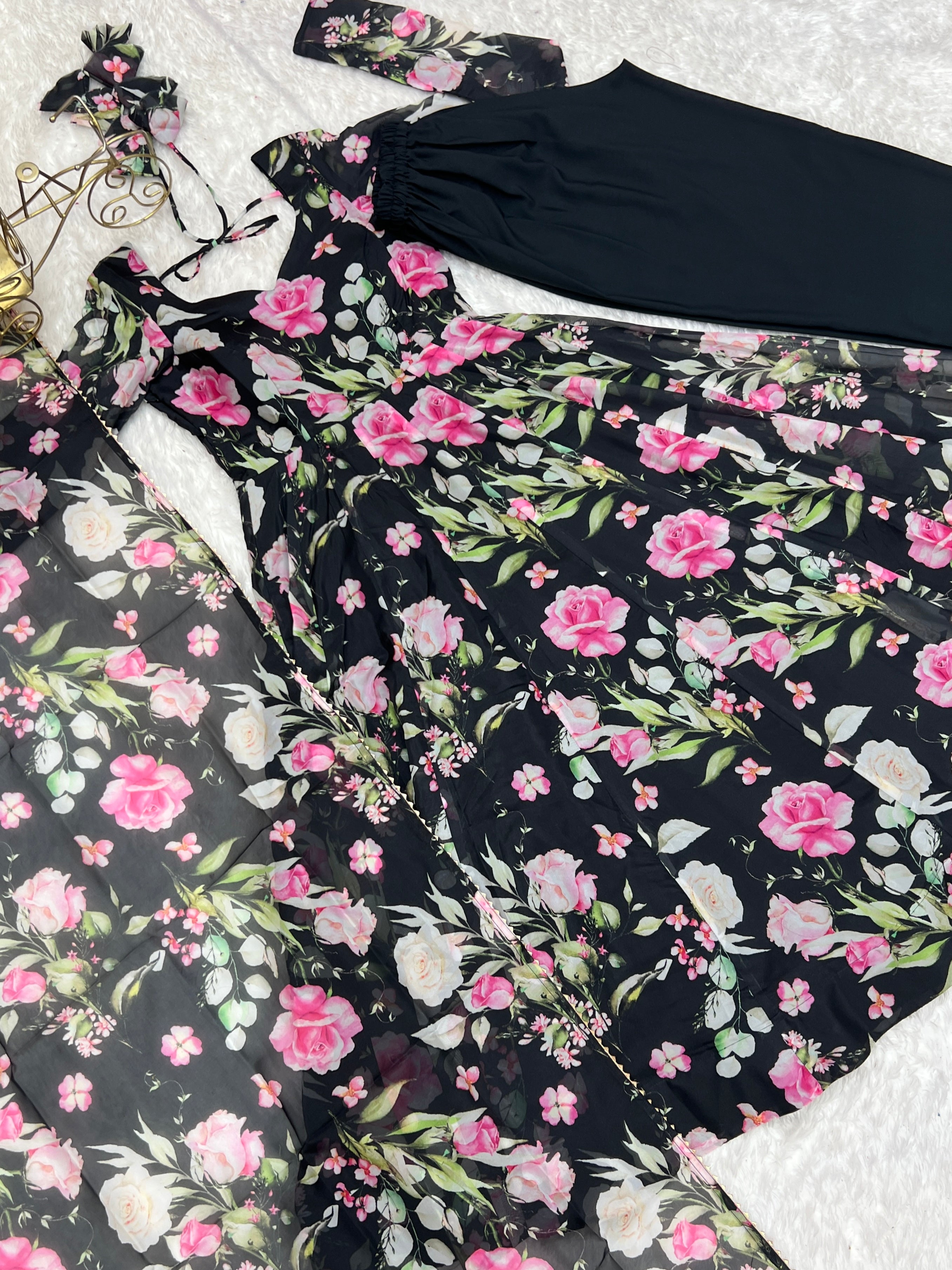 Ravishing Black Pure Organza Silk Floral Printed Anarkali Pant Suit