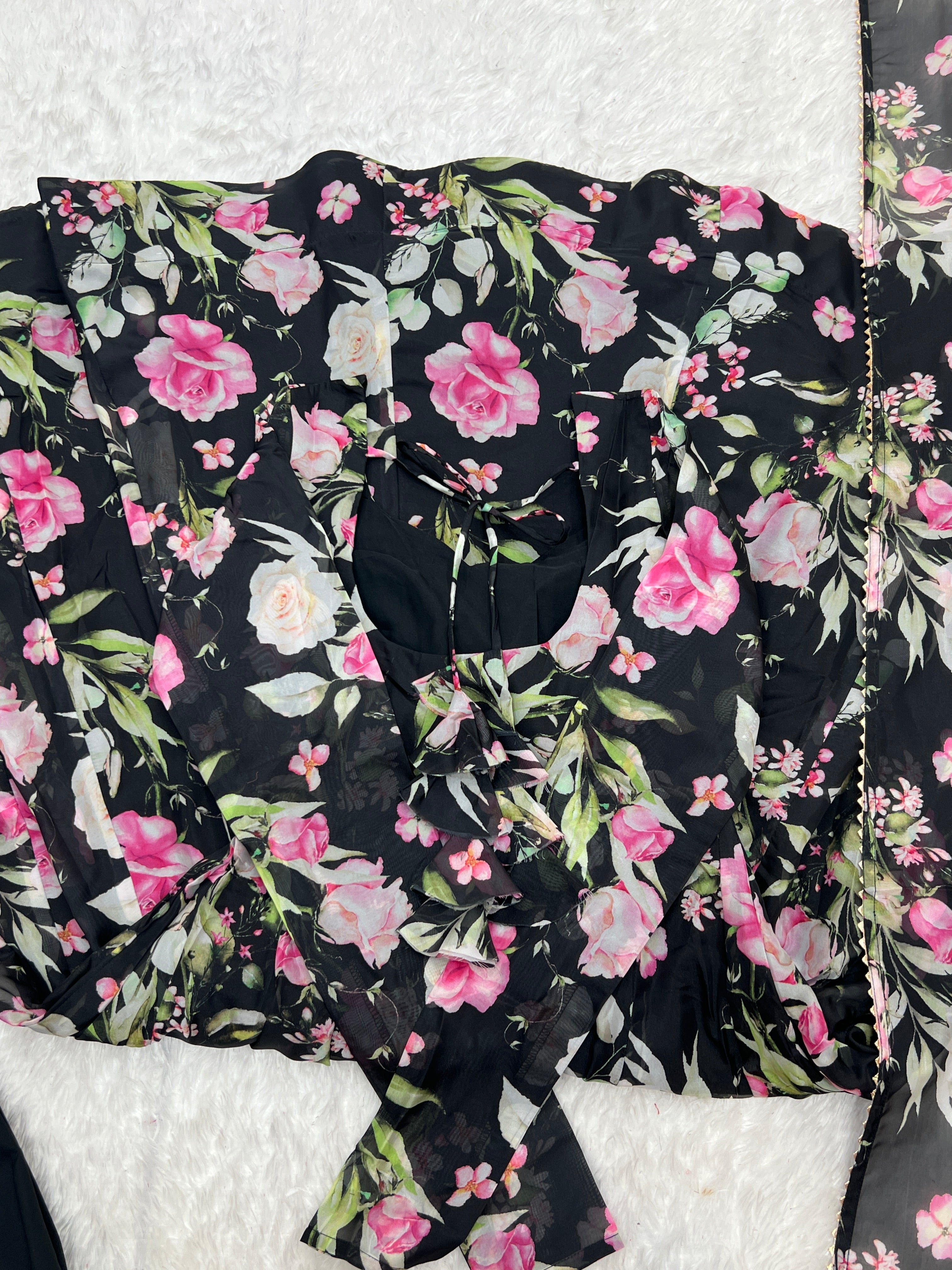 Ravishing Black Pure Organza Silk Floral Printed Anarkali Pant Suit