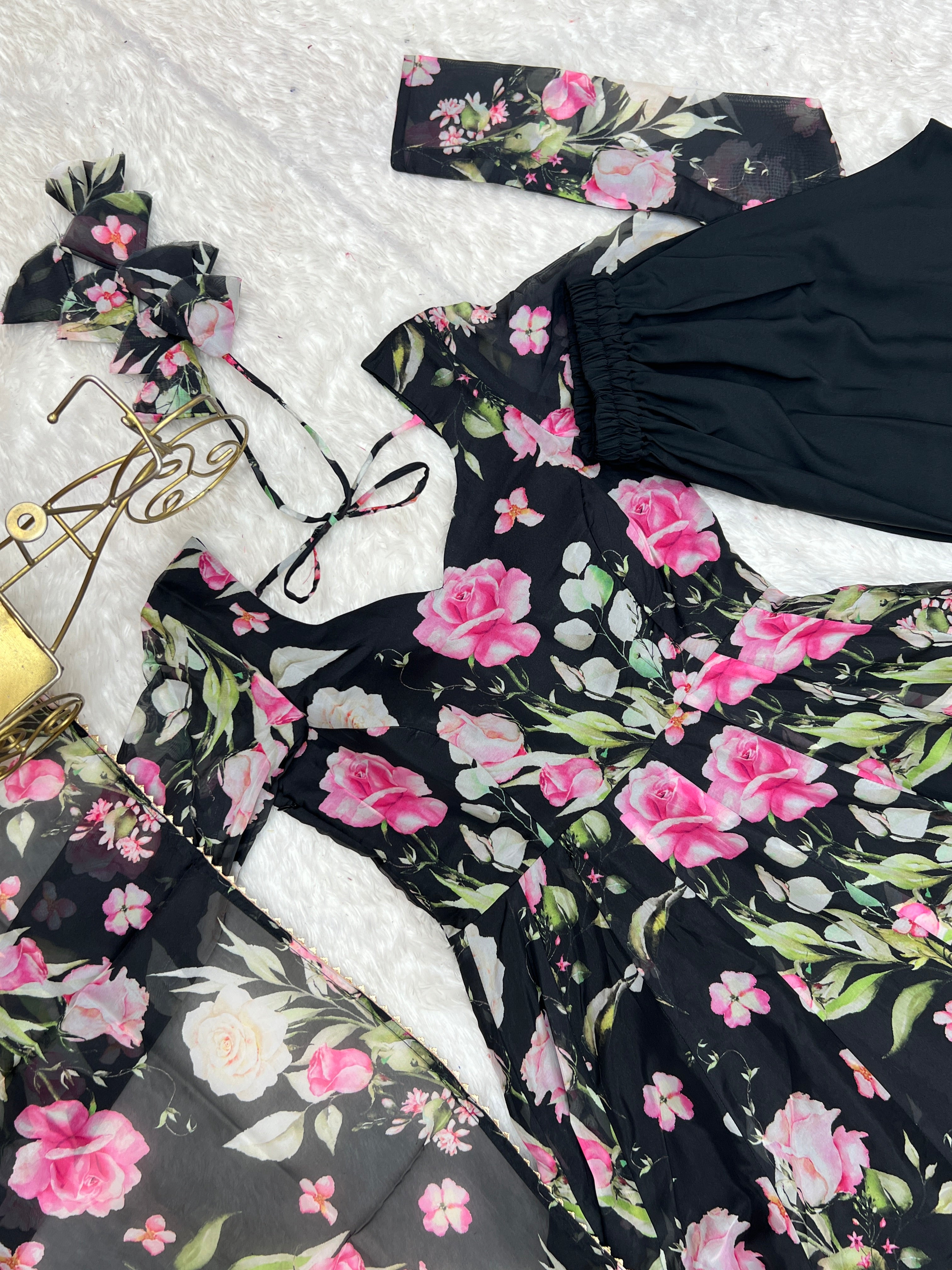 Ravishing Black Pure Organza Silk Floral Printed Anarkali Pant Suit