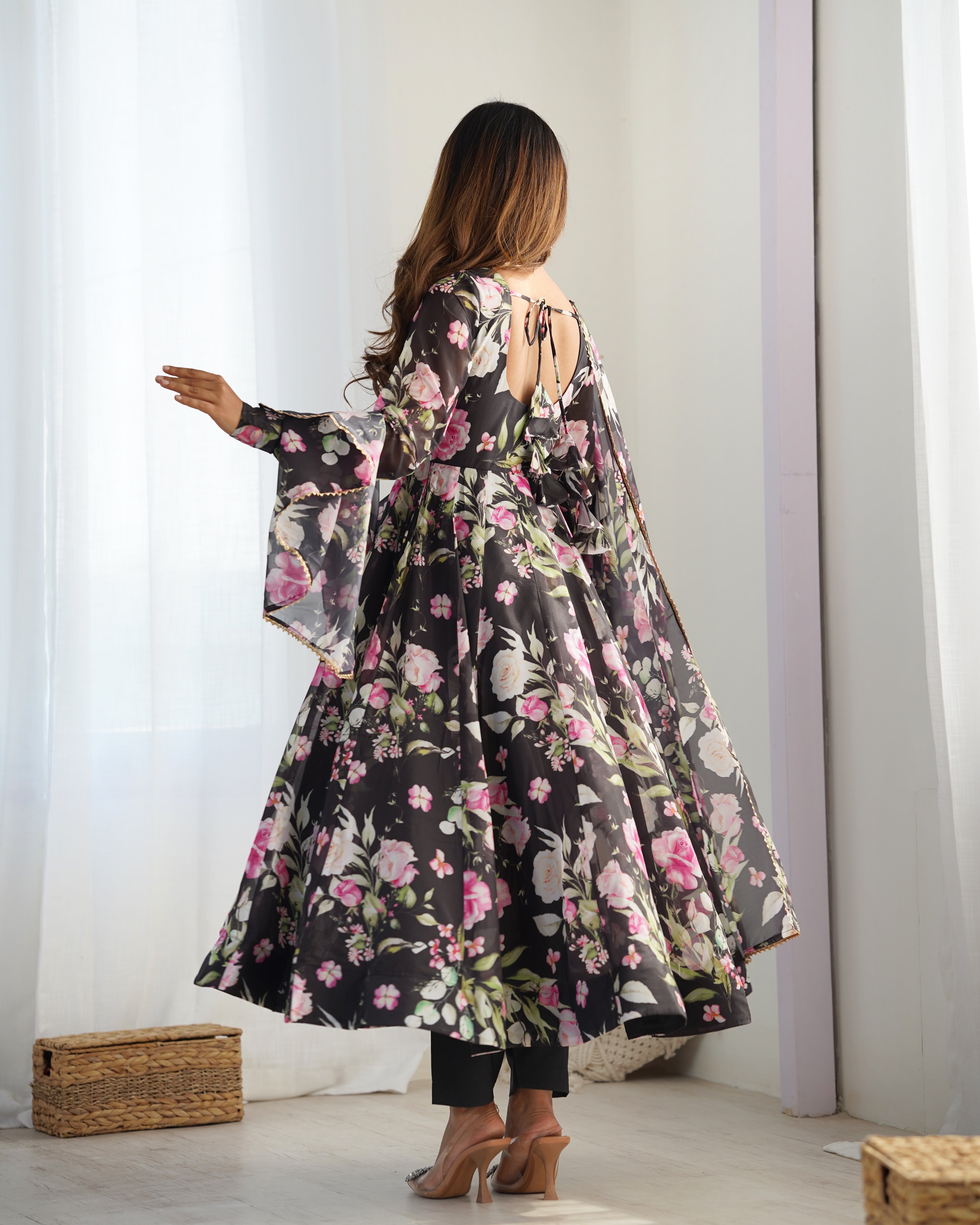 Ravishing Black Pure Organza Silk Floral Printed Anarkali Pant Suit