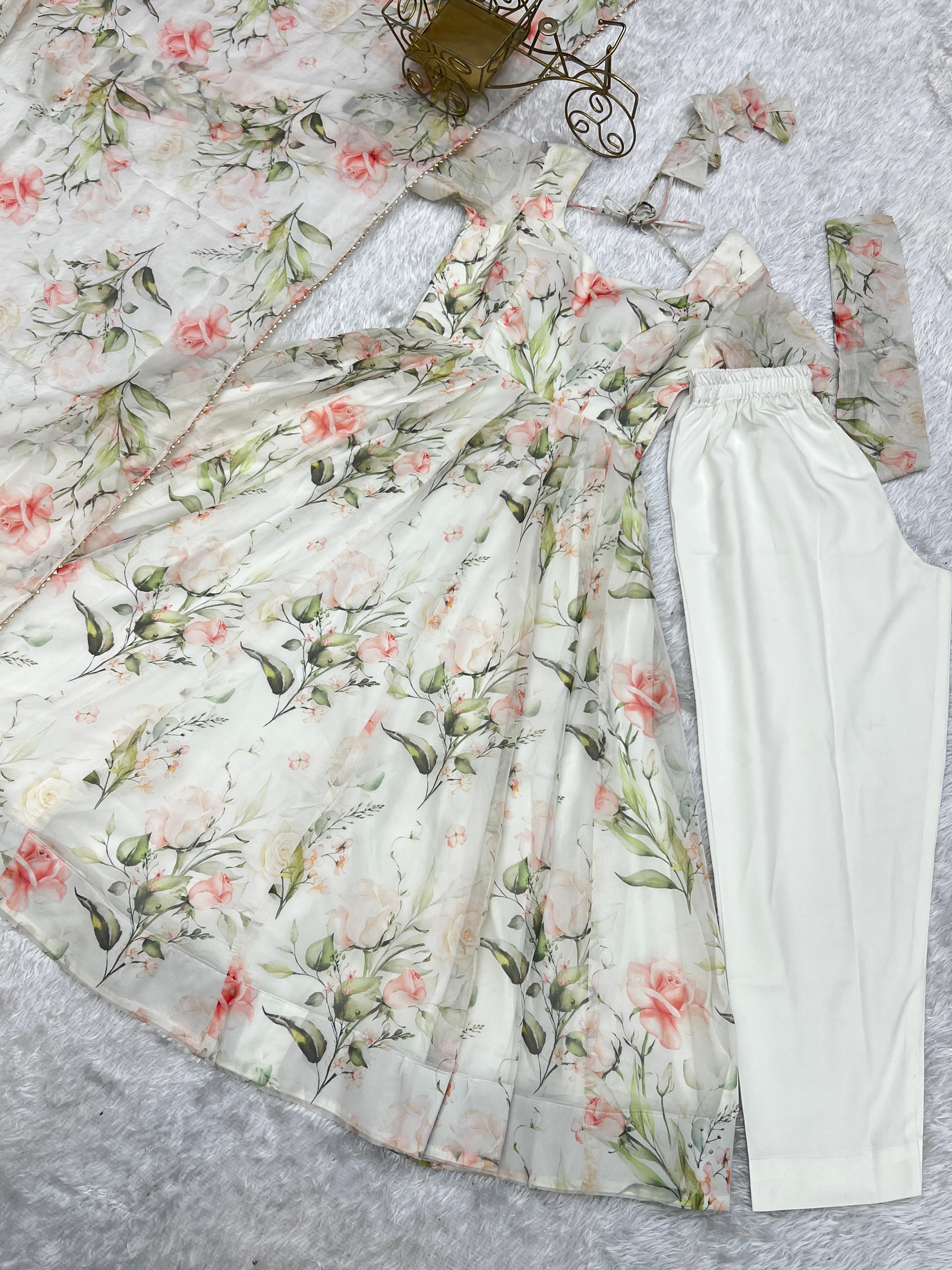 Fabulous White Pure Organza Silk Floral Printed Anarkali Pant Suit