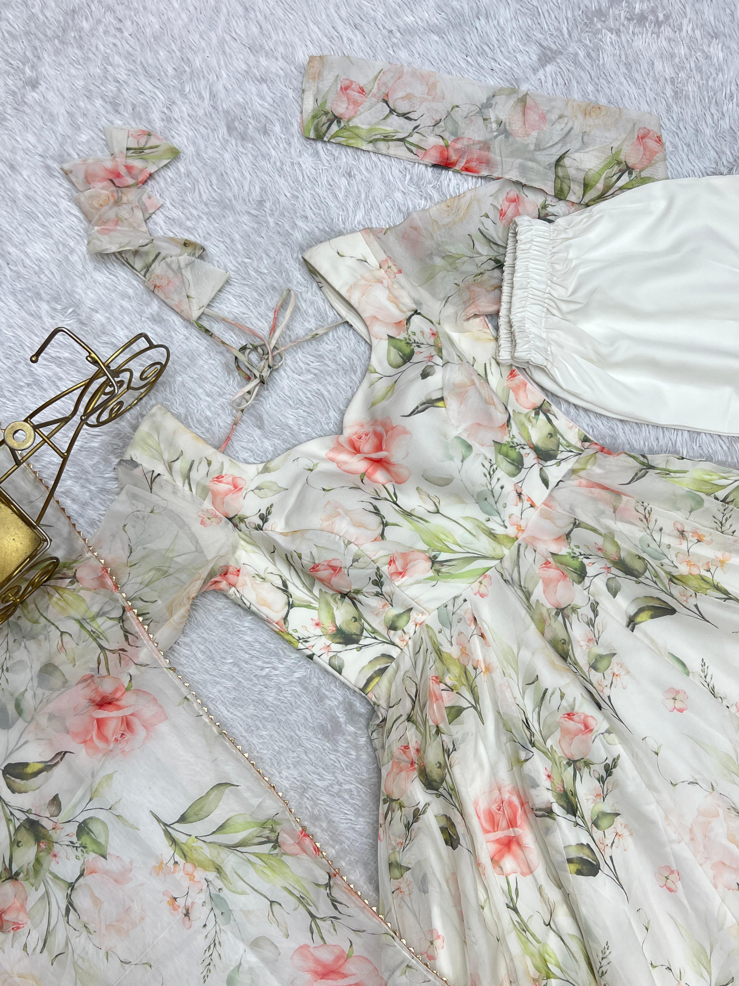 Fabulous White Pure Organza Silk Floral Printed Anarkali Pant Suit