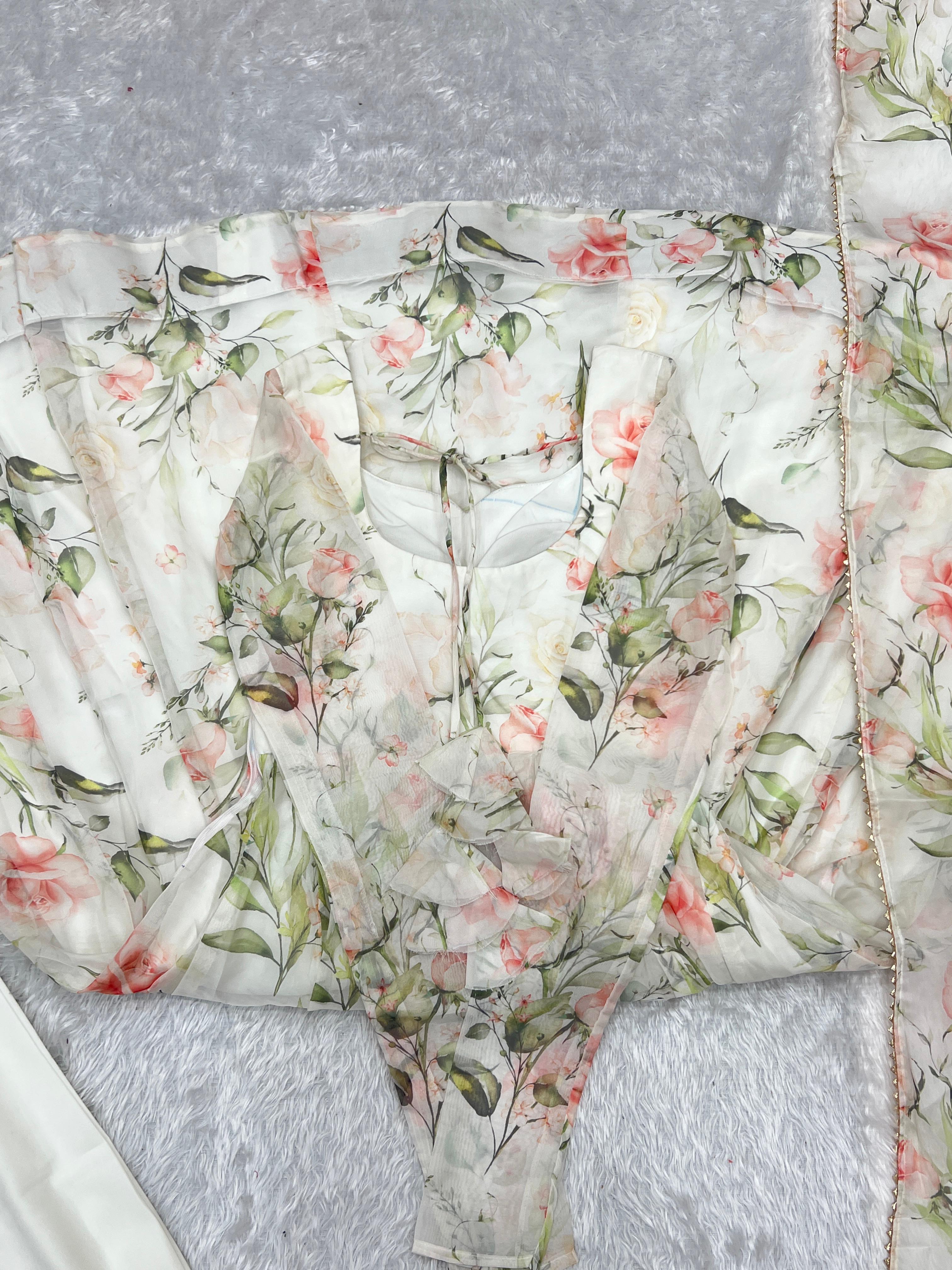 Fabulous White Pure Organza Silk Floral Printed Anarkali Pant Suit