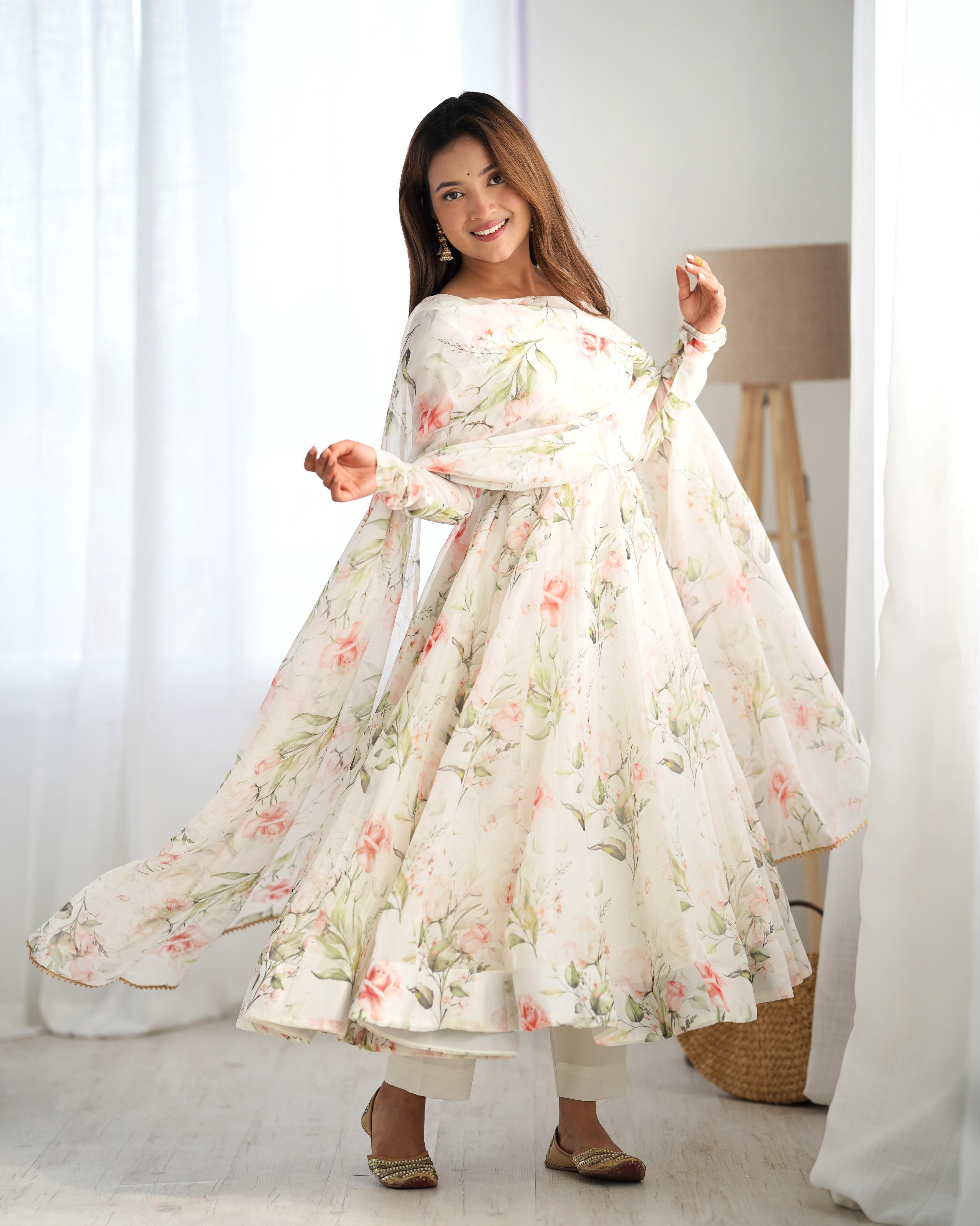 Fabulous White Pure Organza Silk Floral Printed Anarkali Pant Suit