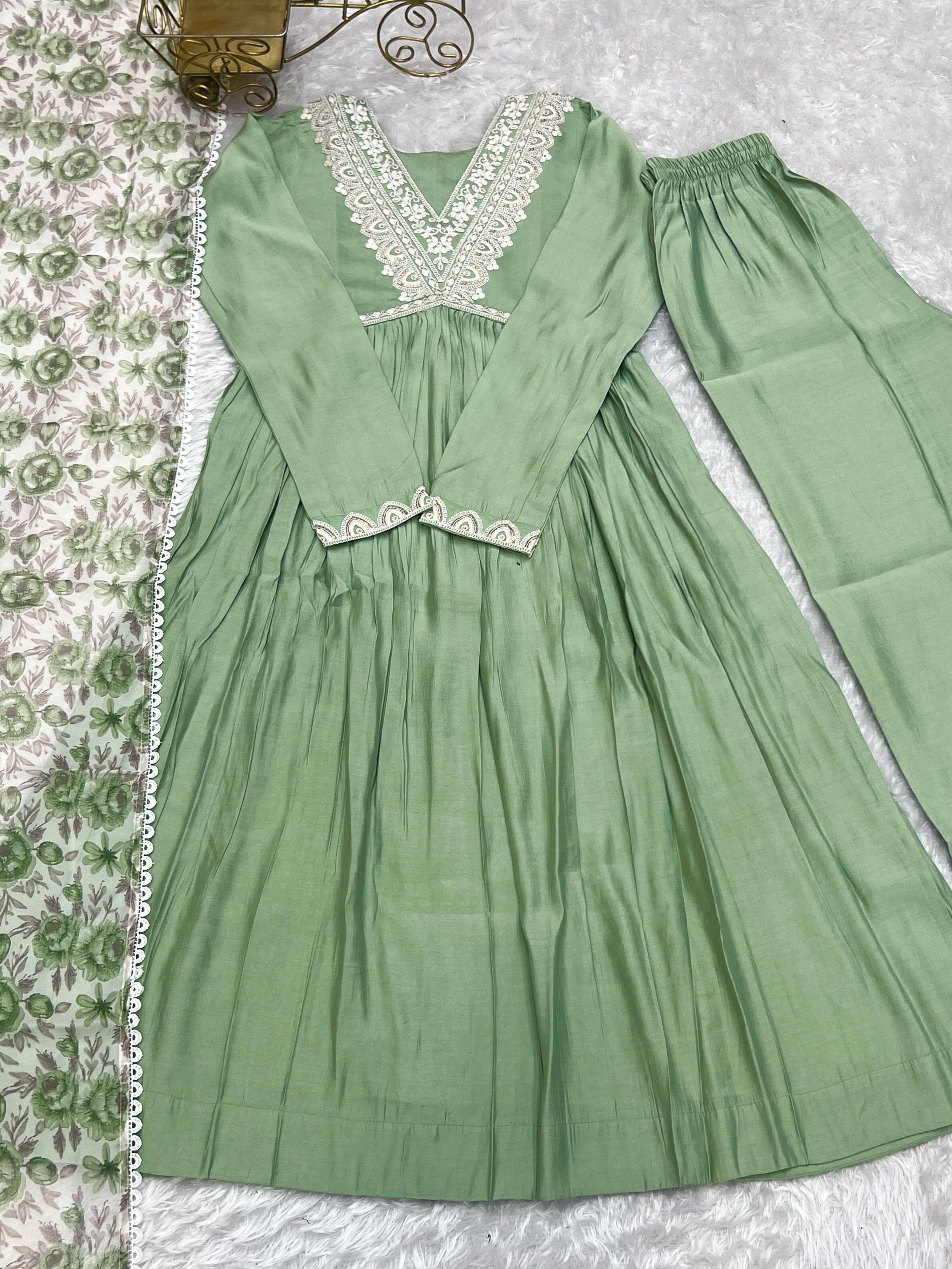 Elegant Pista Green Nyra Cut Roman Silk Anarkali Pant Suit