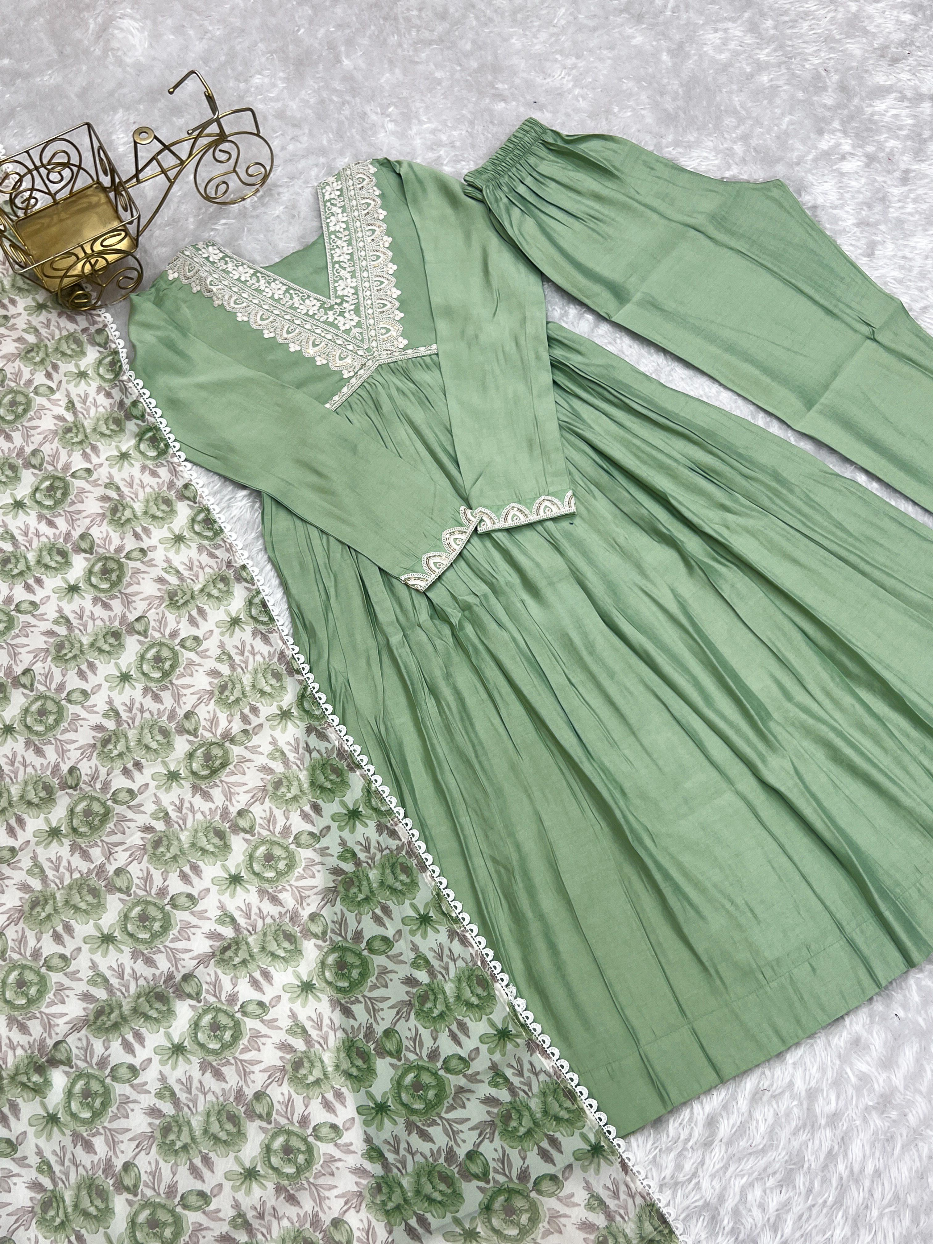 Elegant Pista Green Nyra Cut Roman Silk Anarkali Pant Suit