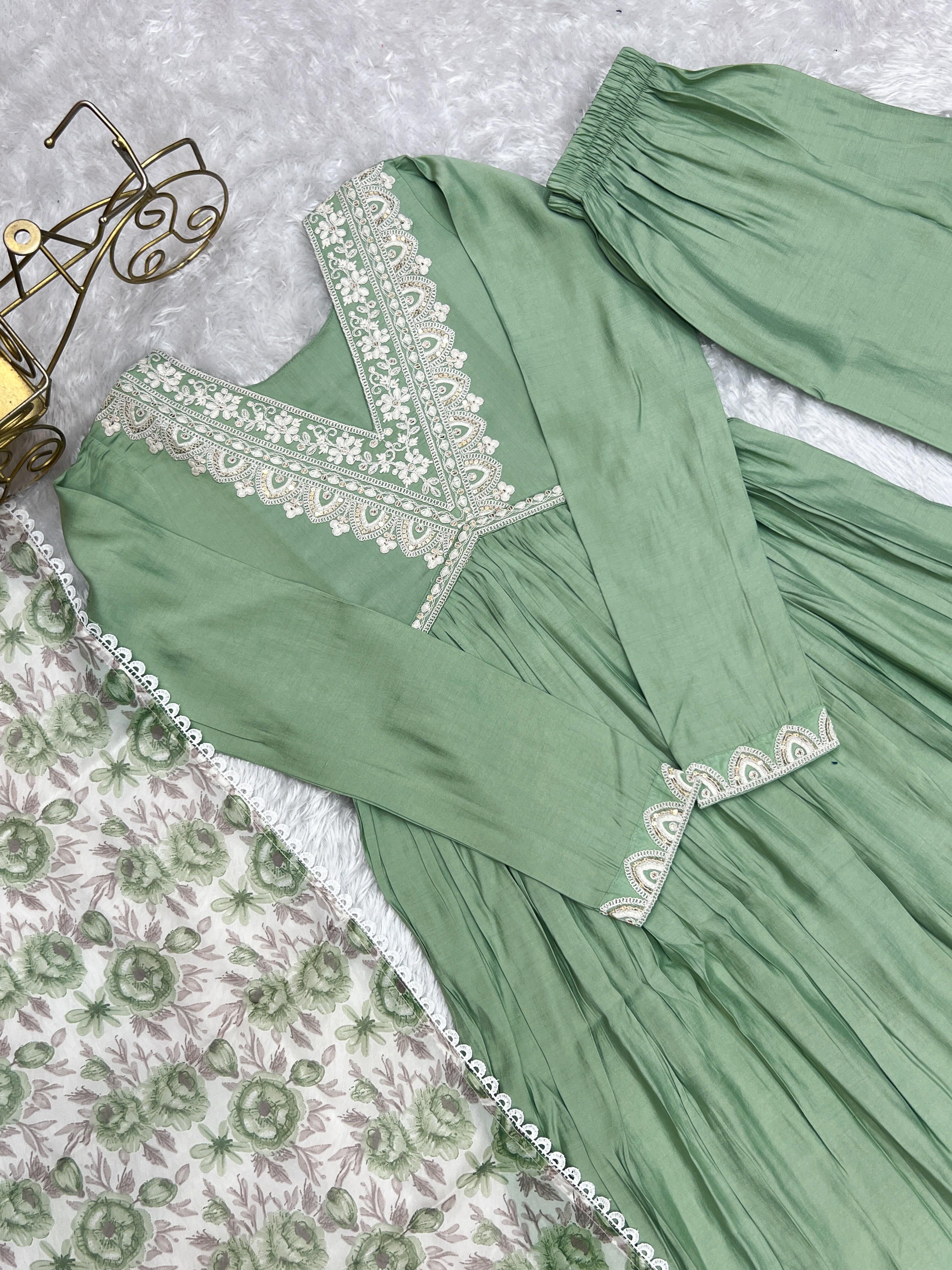 Elegant Pista Green Nyra Cut Roman Silk Anarkali Pant Suit