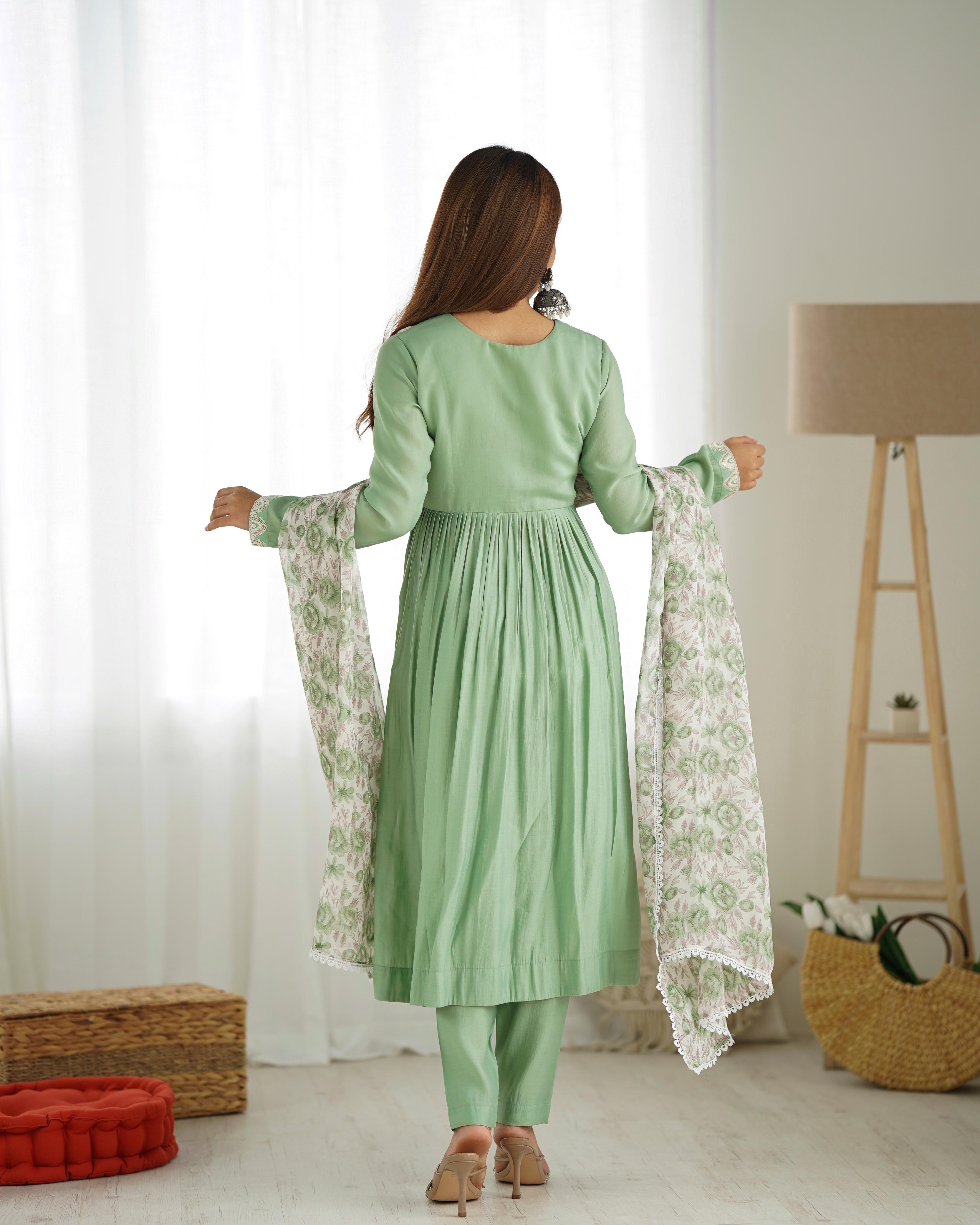 Elegant Pista Green Nyra Cut Roman Silk Anarkali Pant Suit