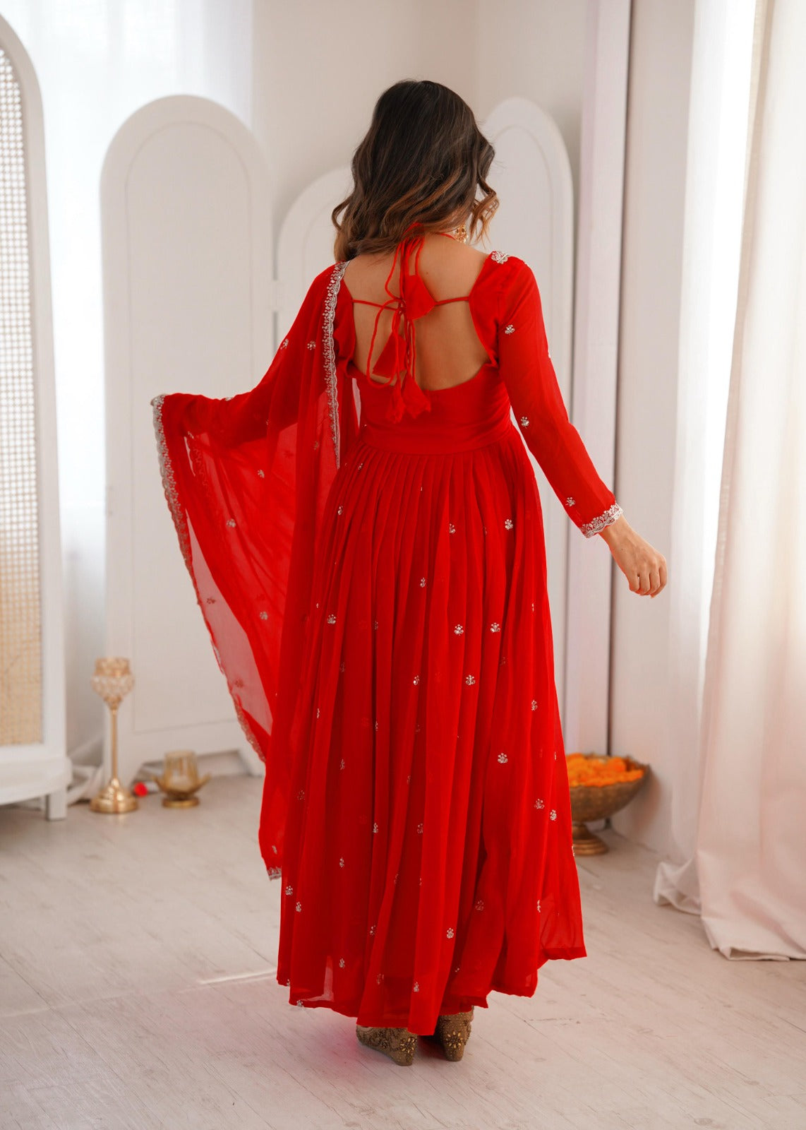 Red Georgette Anarkali Suit Set With Embroidered Dupatta