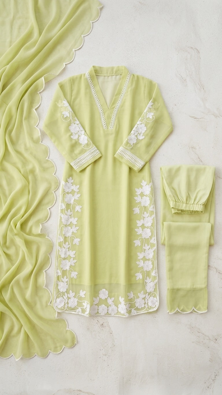 Pista Green Embroidered Kurta Pant Dupatta Set For Women
