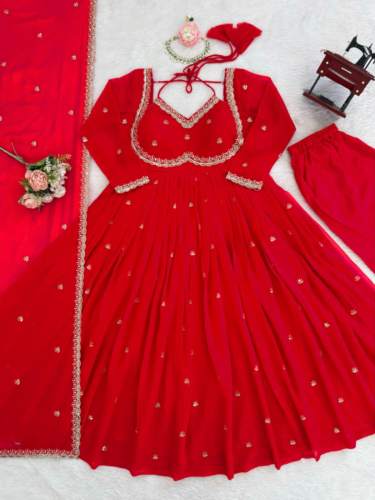 Red Georgette Anarkali Suit Set With Embroidered Dupatta