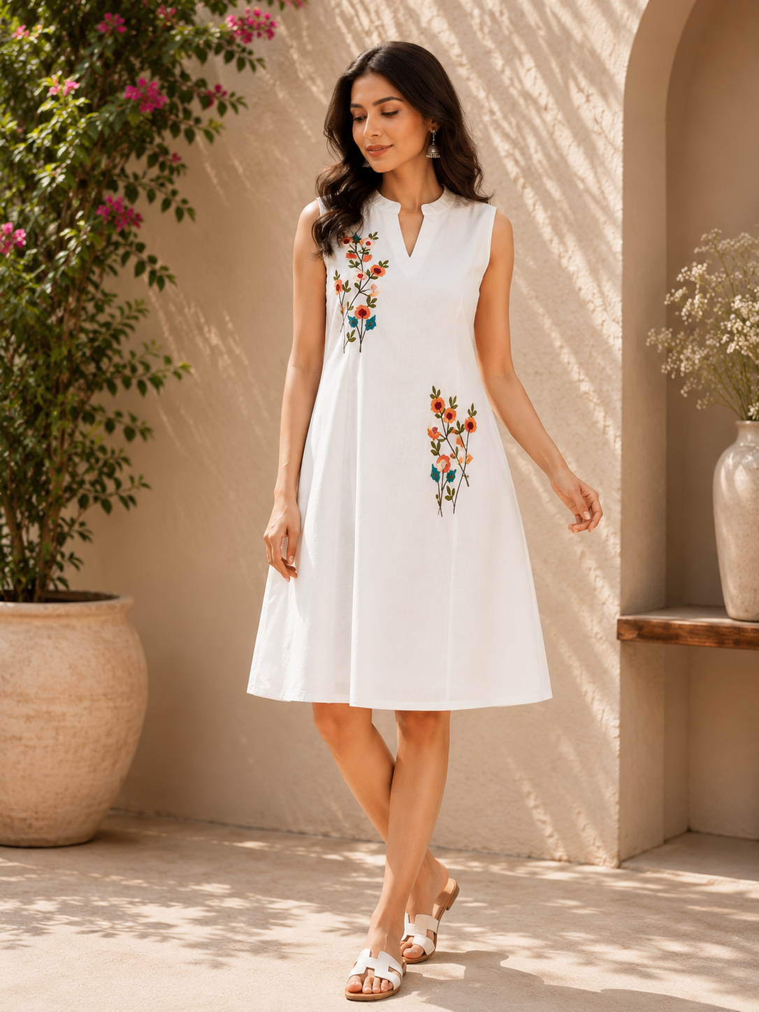 White Linen Embroidered Floral Sleeveless Dress for Women