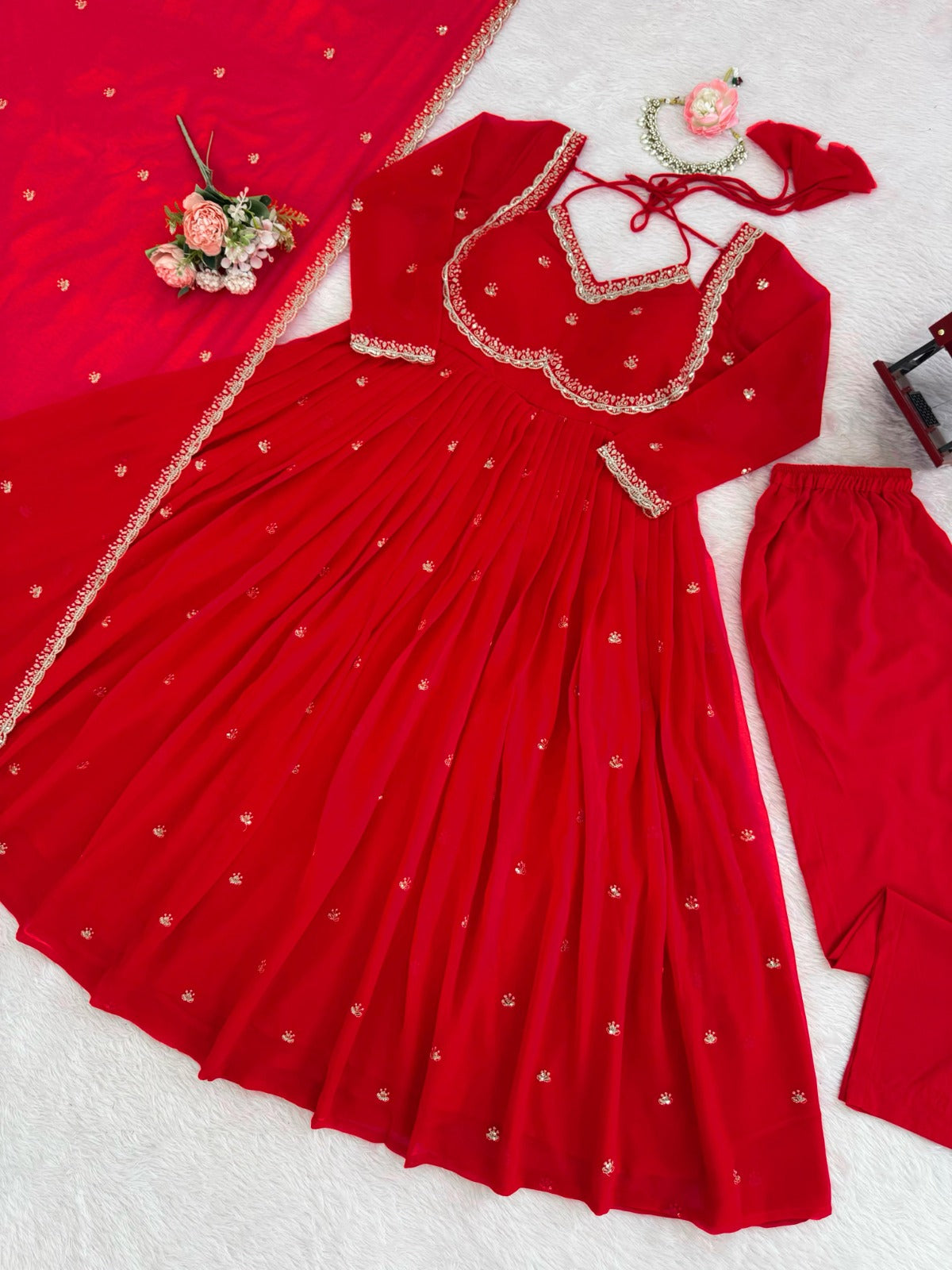 Red Georgette Anarkali Suit Set With Embroidered Dupatta