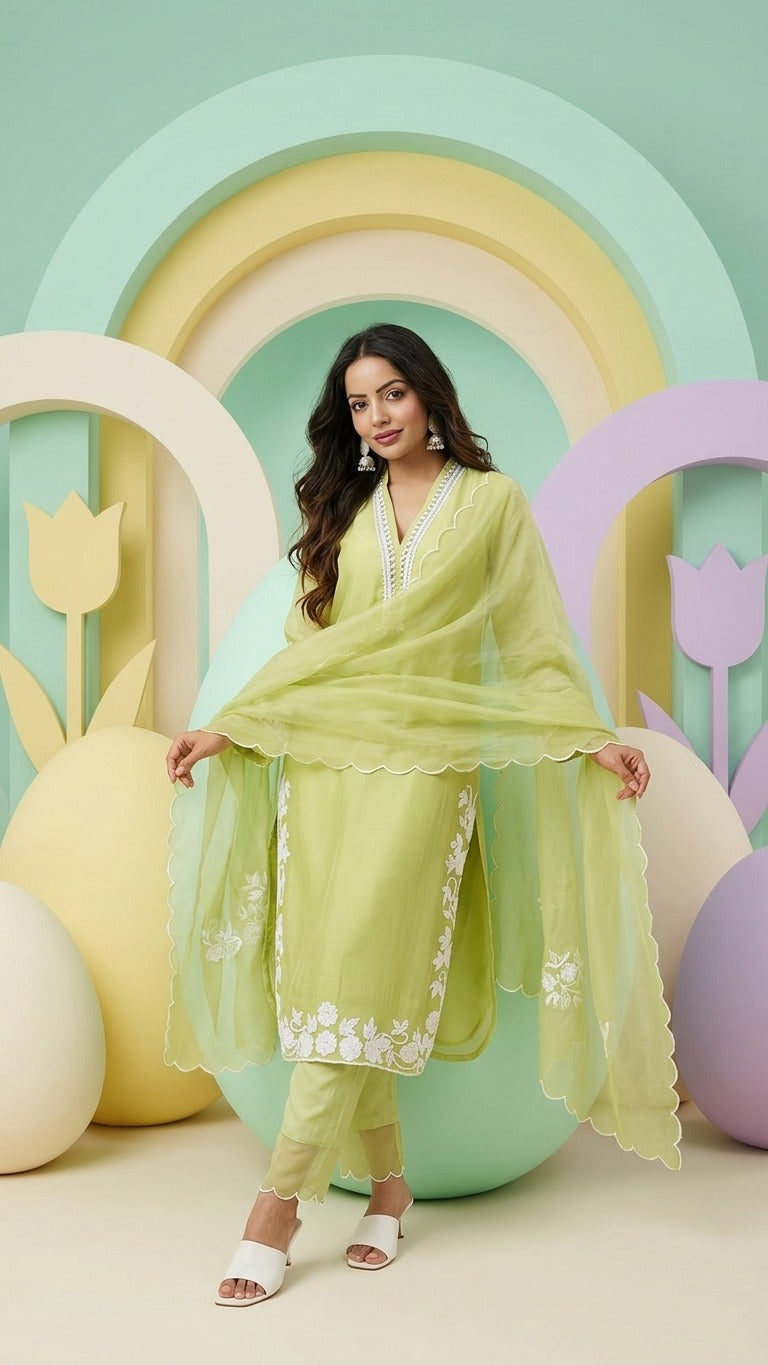 Pista Green Embroidered Kurta Pant Dupatta Set For Women