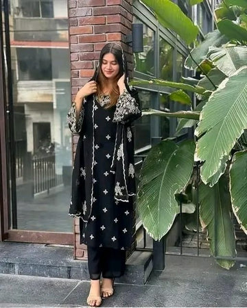 Black Embroidered Georgette Suit Set With Dupatta