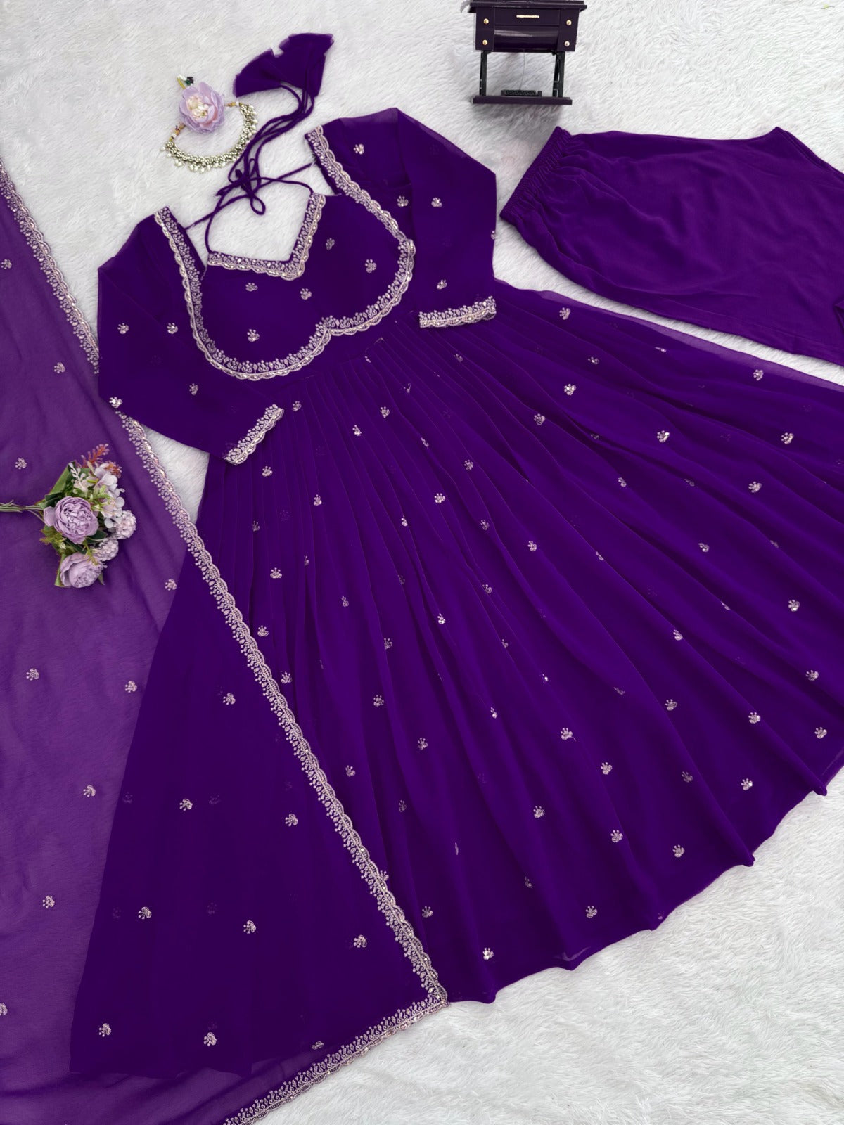 Purple Georgette Anarkali Suit With Silver Embellishments And Dupatta