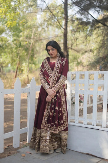 Maroon Velvet Embroidered Anarkali Suit With Dupatta