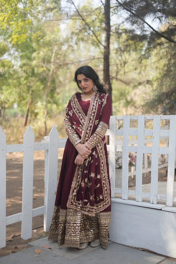 Maroon Velvet Embroidered Anarkali Suit With Dupatta