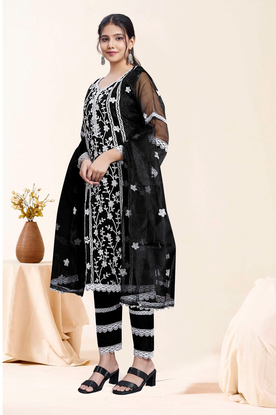 Black Embroidered Ethnic Suit Set With Dupatta