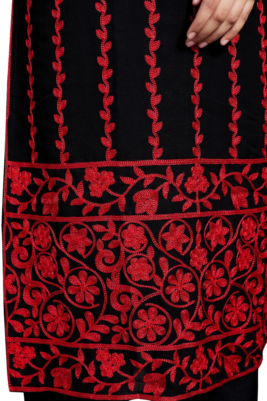 Black Embroidered Kurta With Red Floral Aari Work And Matching Pants