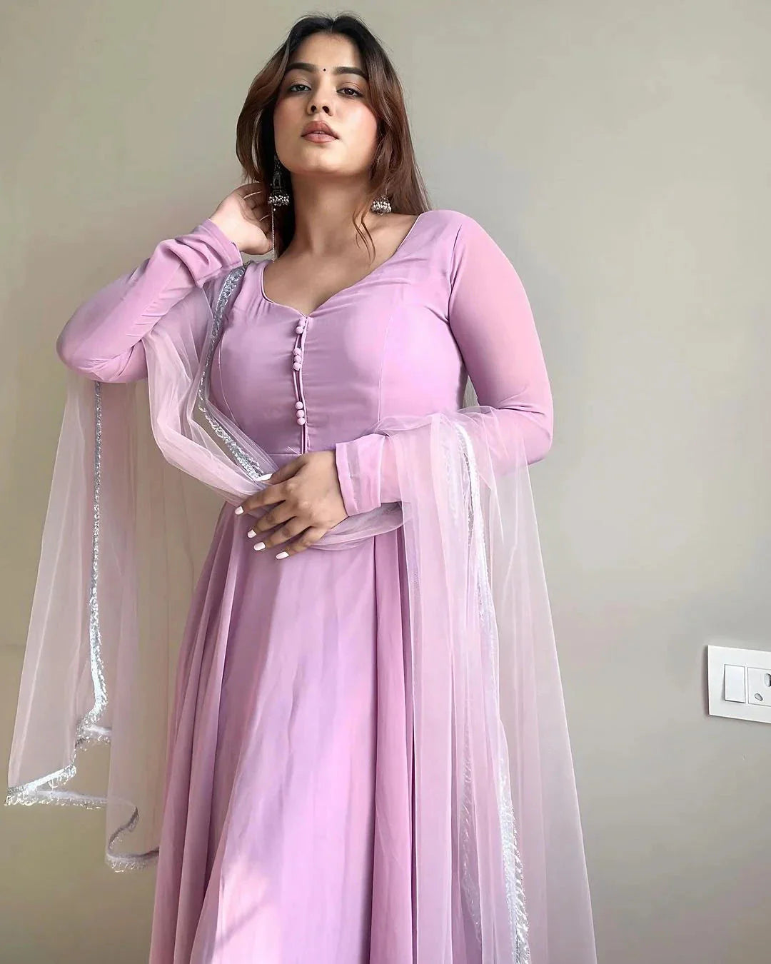 Lavender Faux Georgette Fully Stitched Anarkali Pant Suit