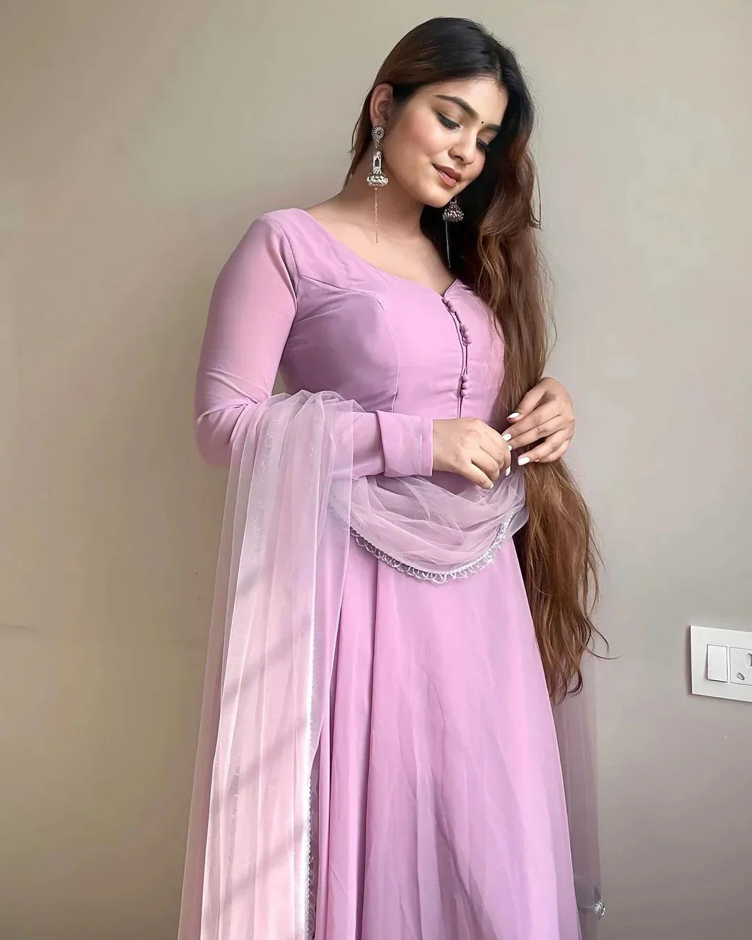 Lavender Faux Georgette Fully Stitched Anarkali Pant Suit