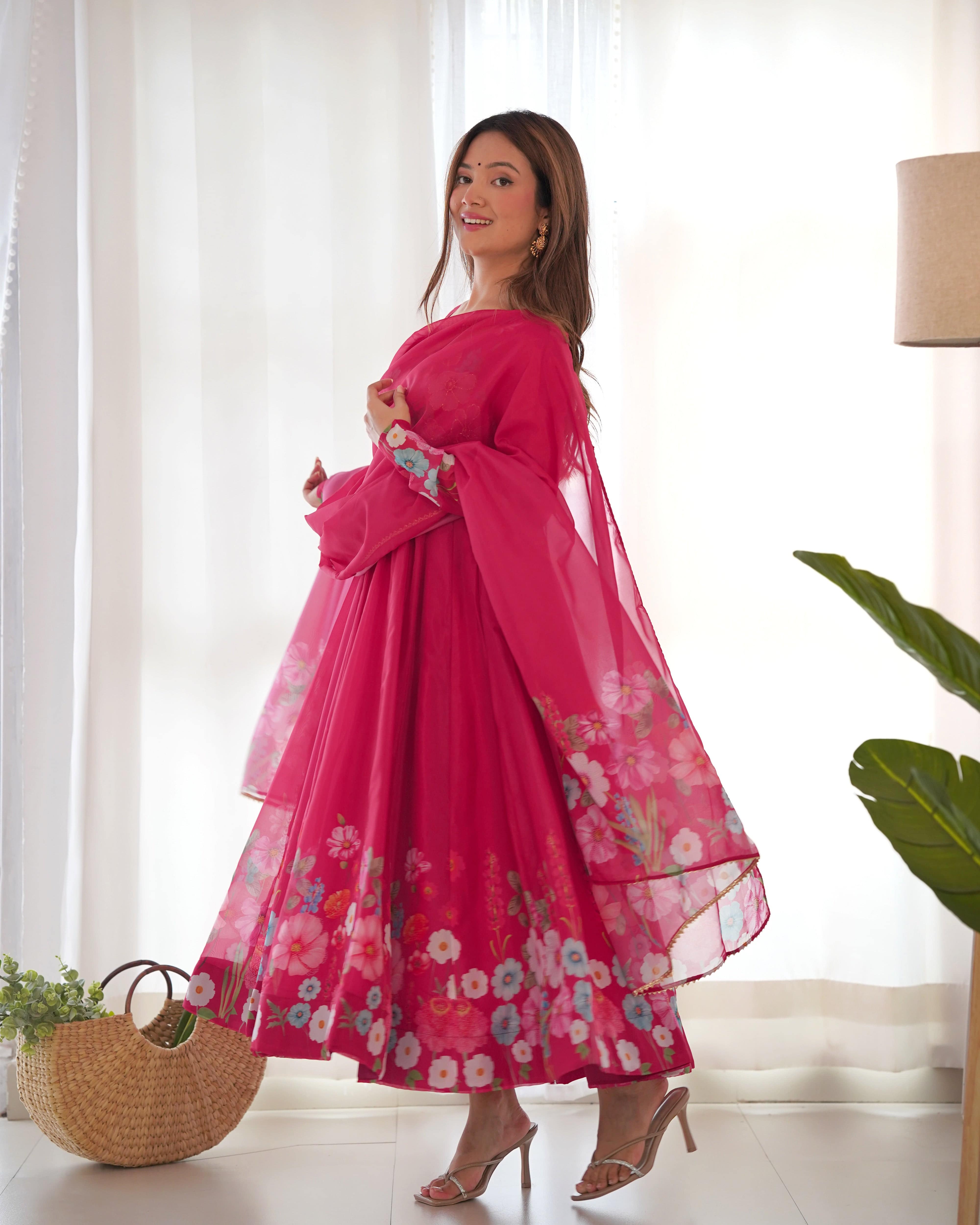 Breathtaking Organza Silk Floral Printed Designer Anarkali Pant Suit