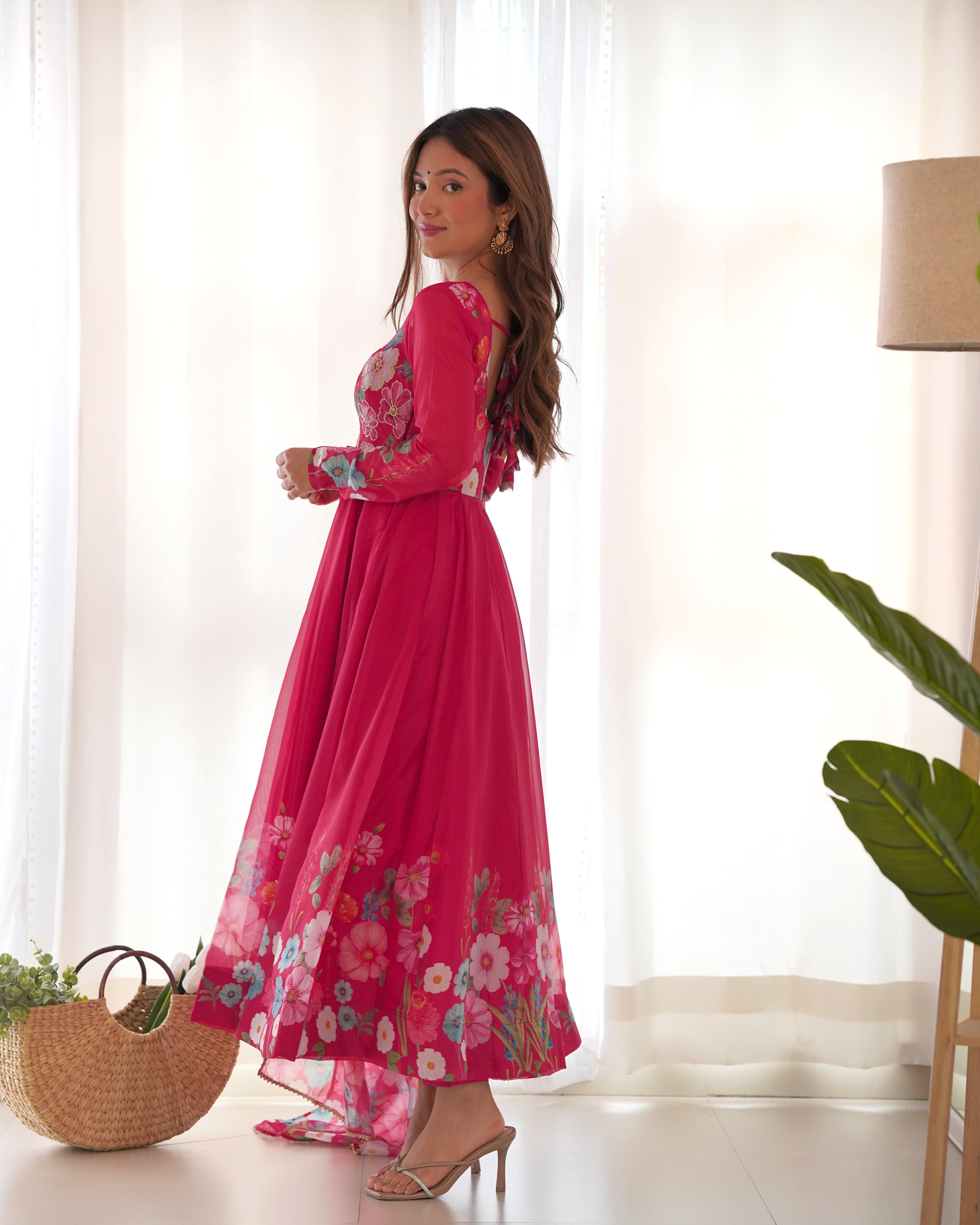 Breathtaking Organza Silk Floral Printed Designer Anarkali Pant Suit