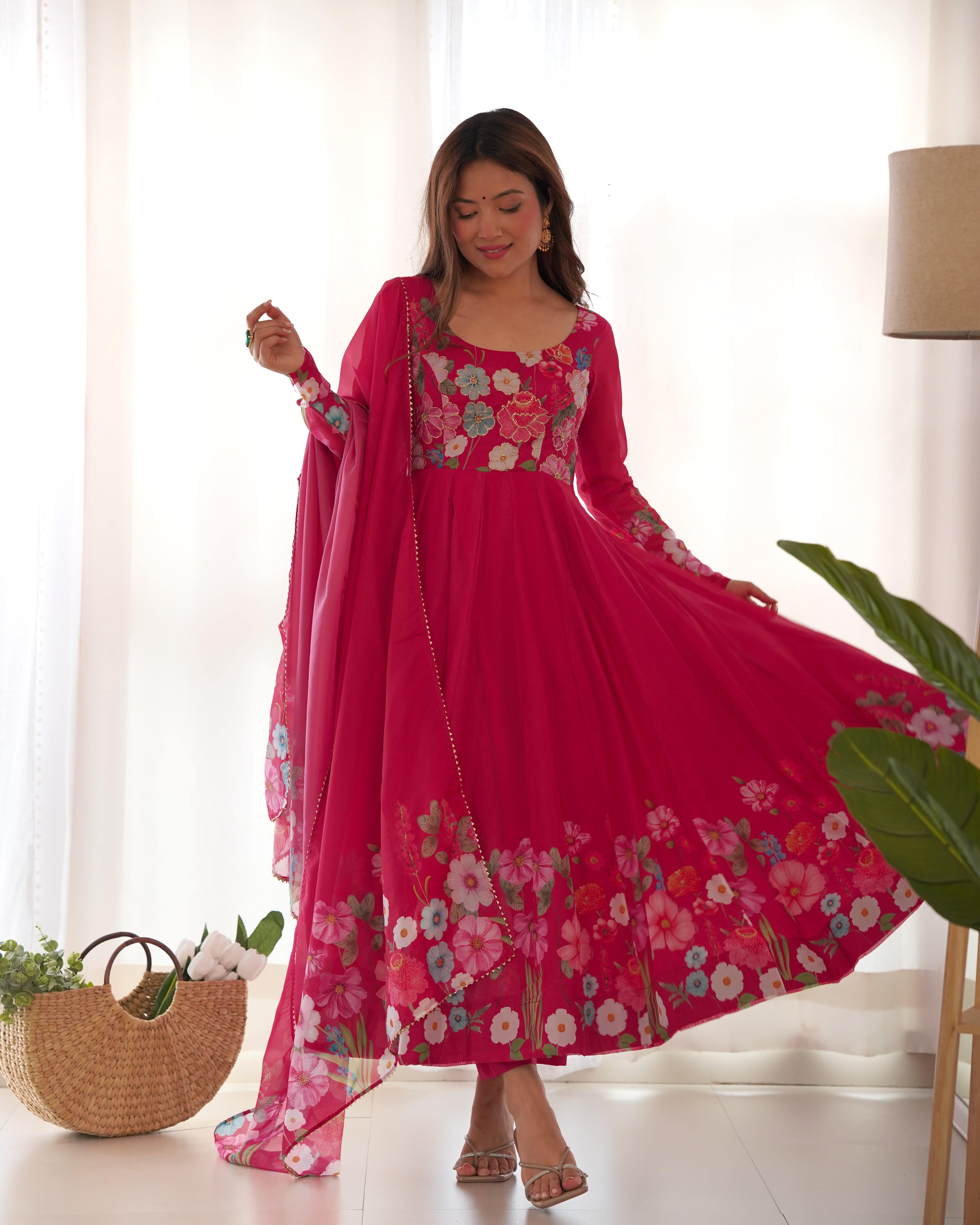 Breathtaking Organza Silk Floral Printed Designer Anarkali Pant Suit