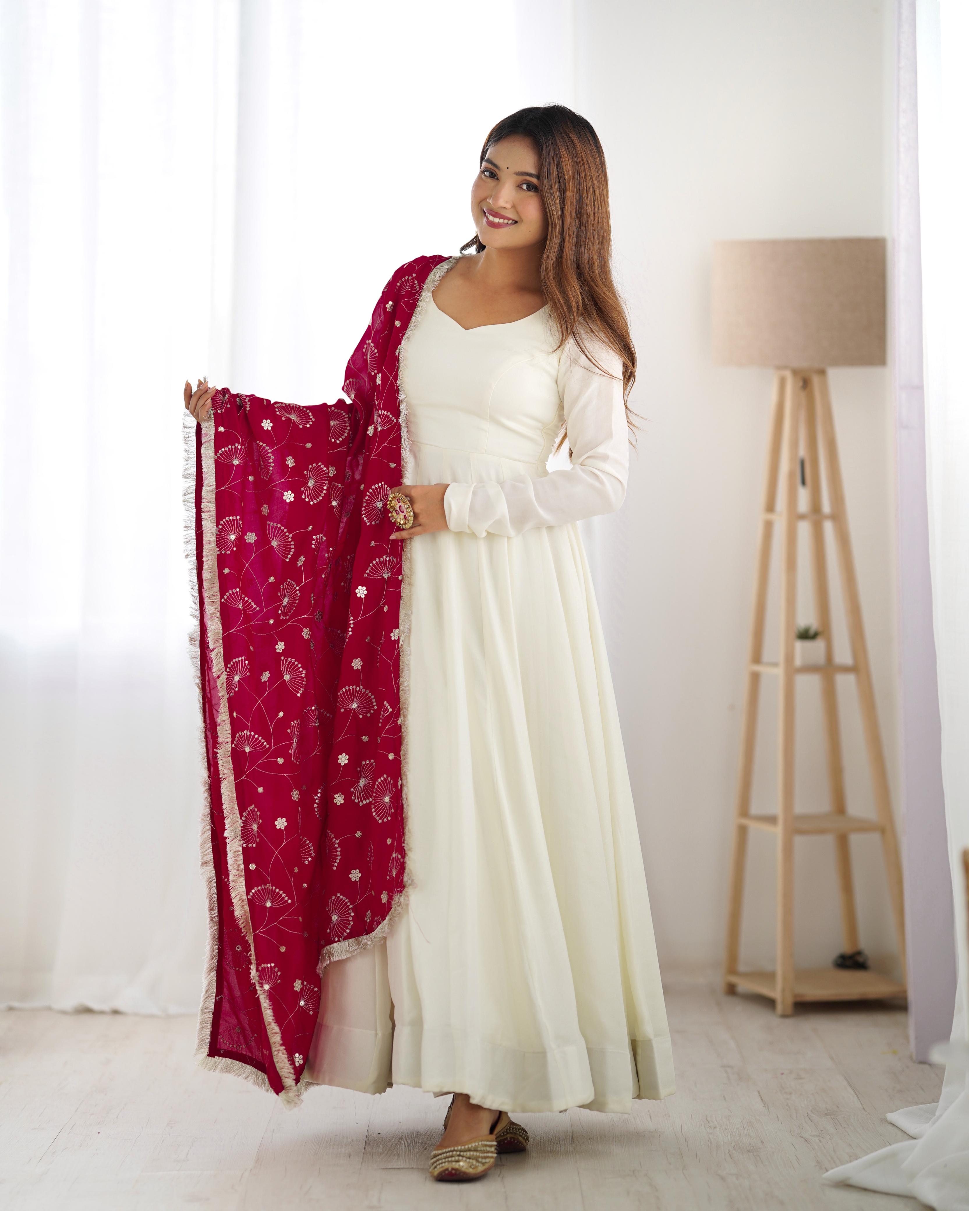 Winsome White Vichitra Silk Anarkali Pant Set With Beautiful Dupatta