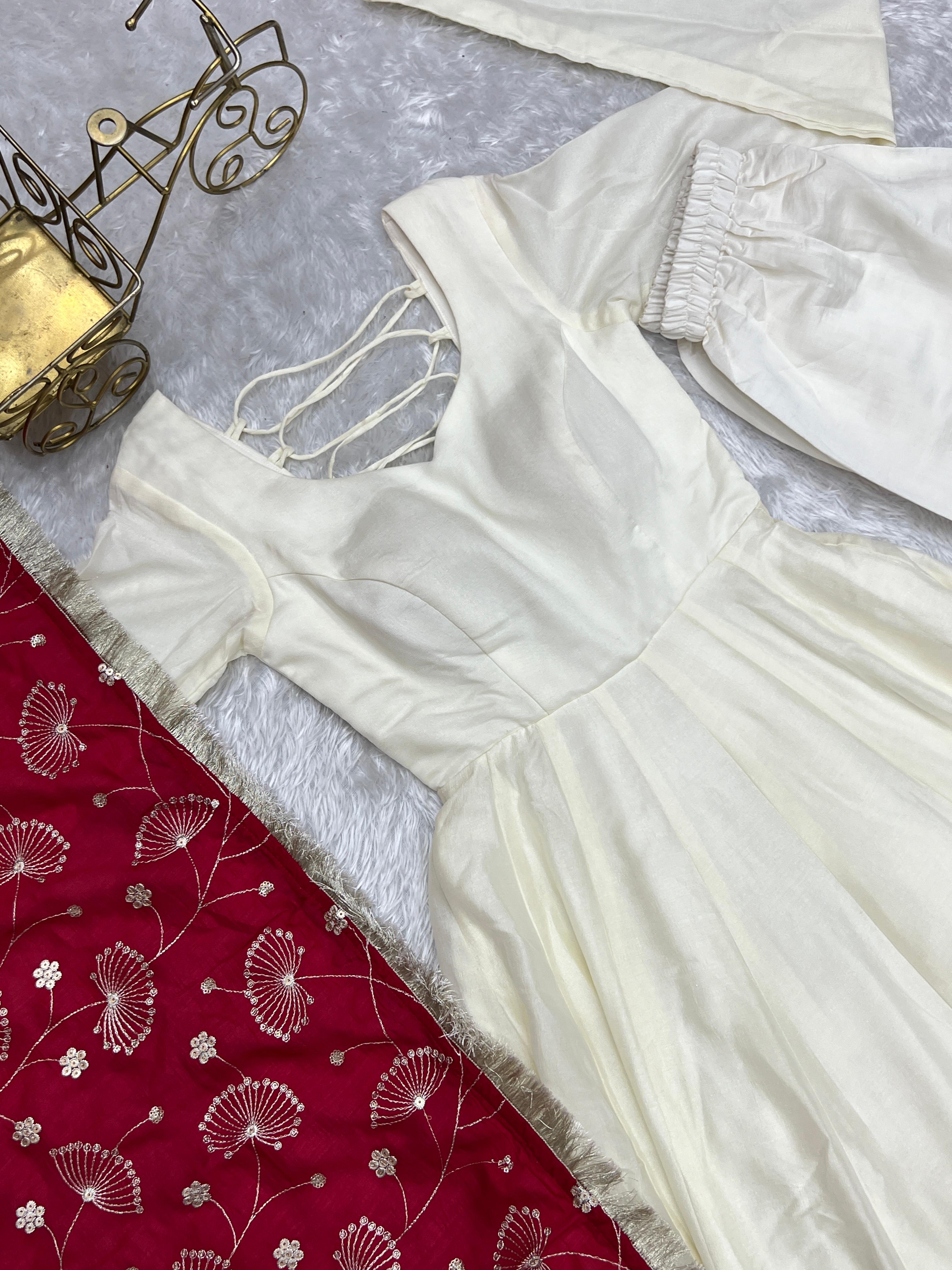 Winsome White Vichitra Silk Anarkali Pant Set With Beautiful Dupatta