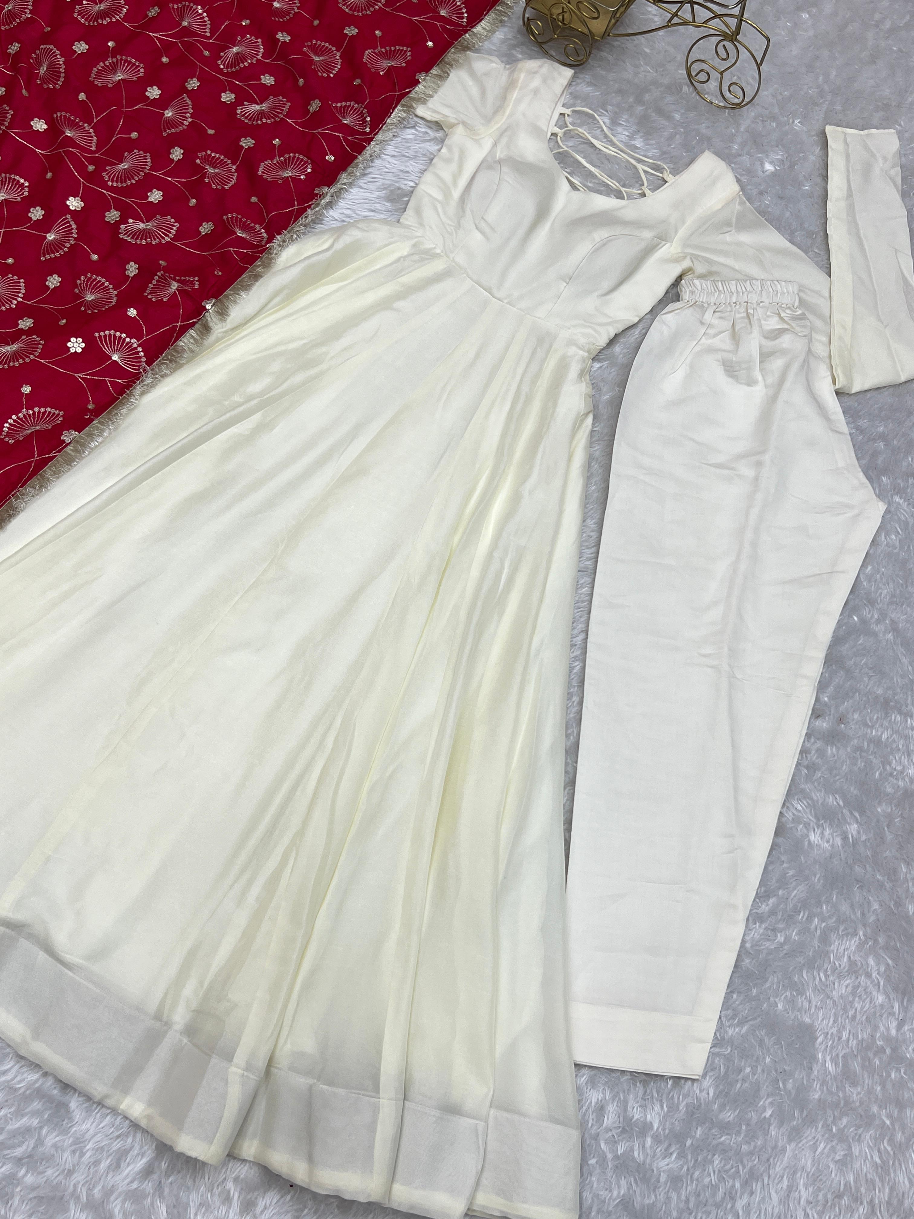 Winsome White Vichitra Silk Anarkali Pant Set With Beautiful Dupatta