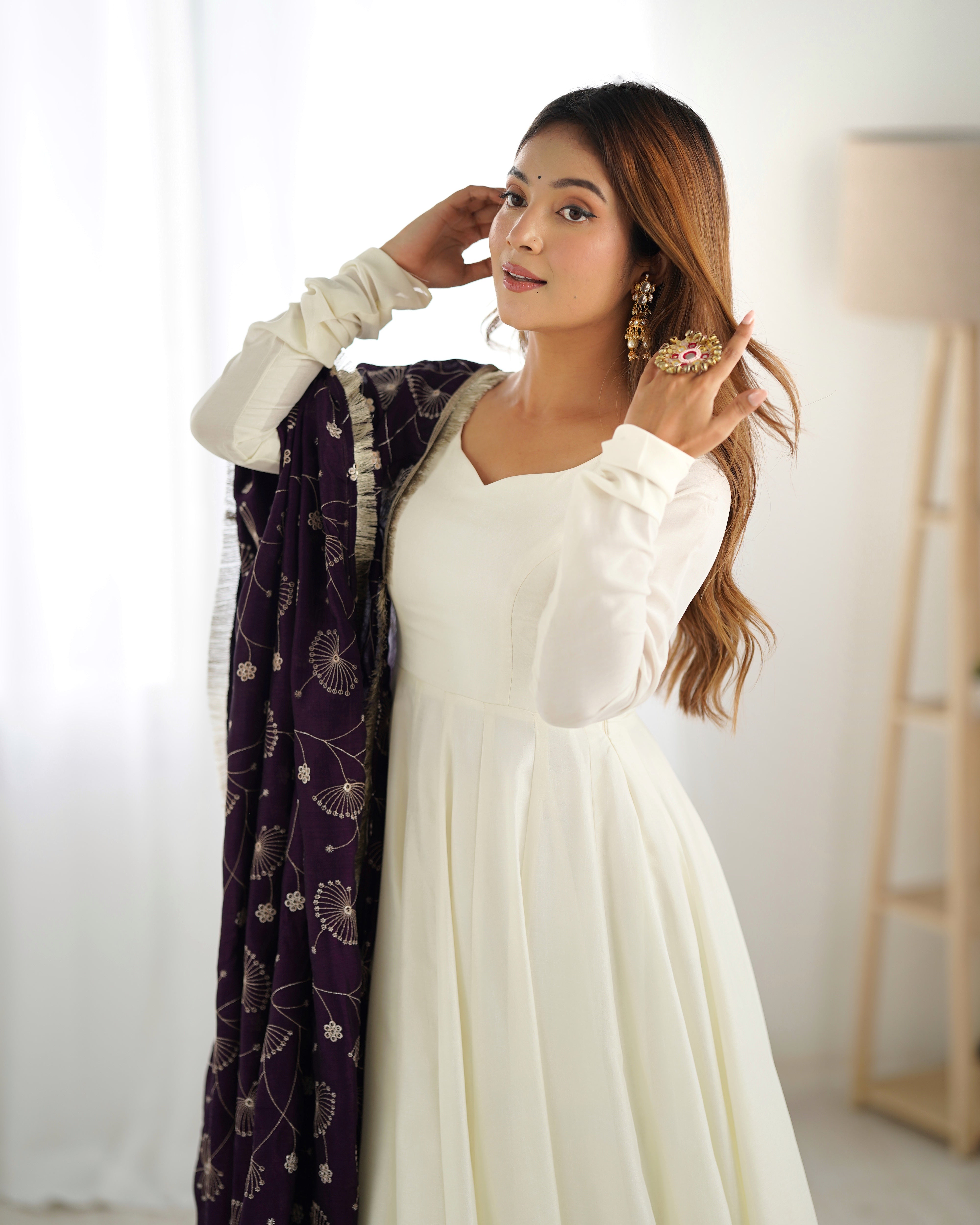 Winsome White Vichitra Silk Anarkali Pant Set With Beautiful Dupatta