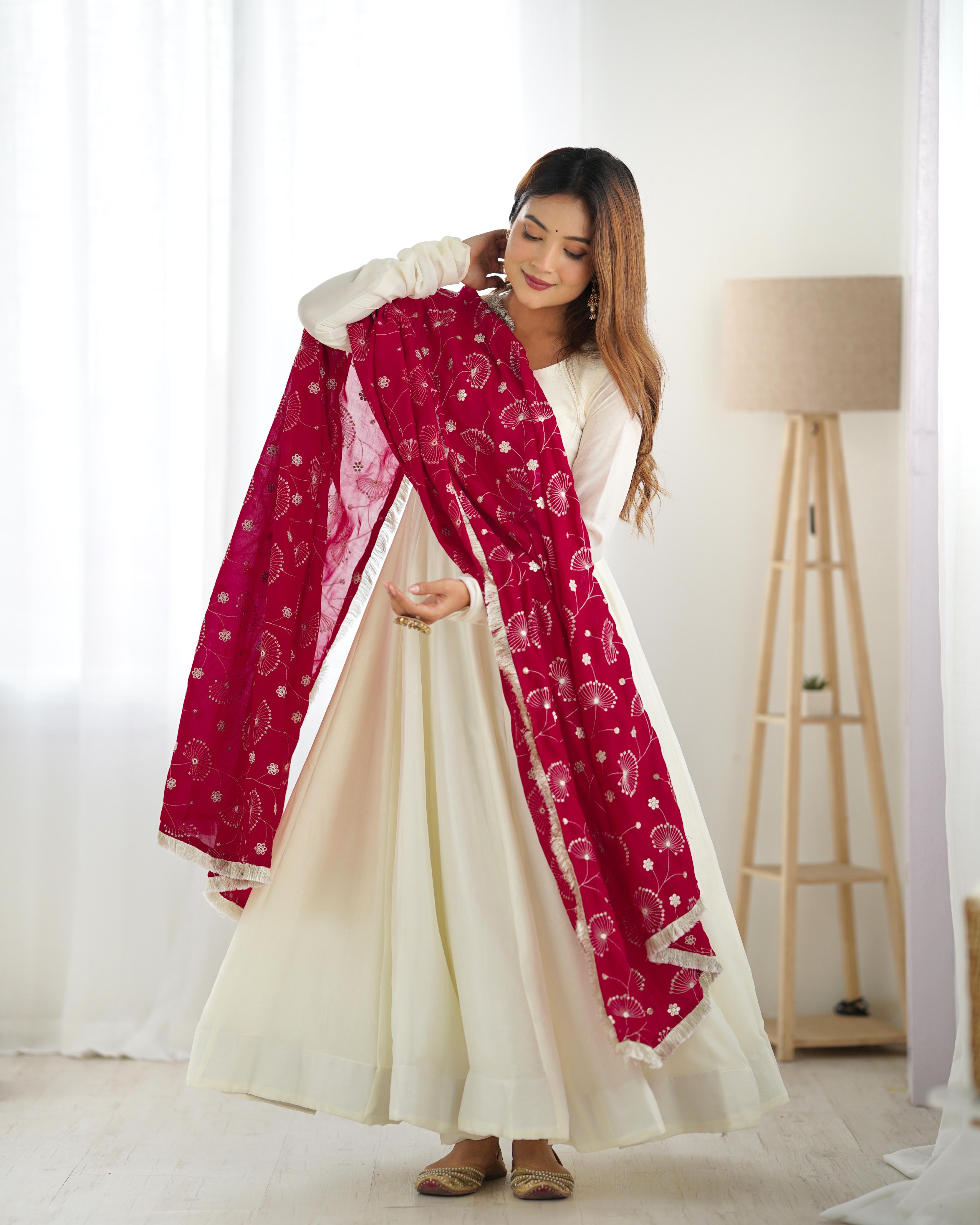 Winsome White Vichitra Silk Anarkali Pant Set With Beautiful Dupatta