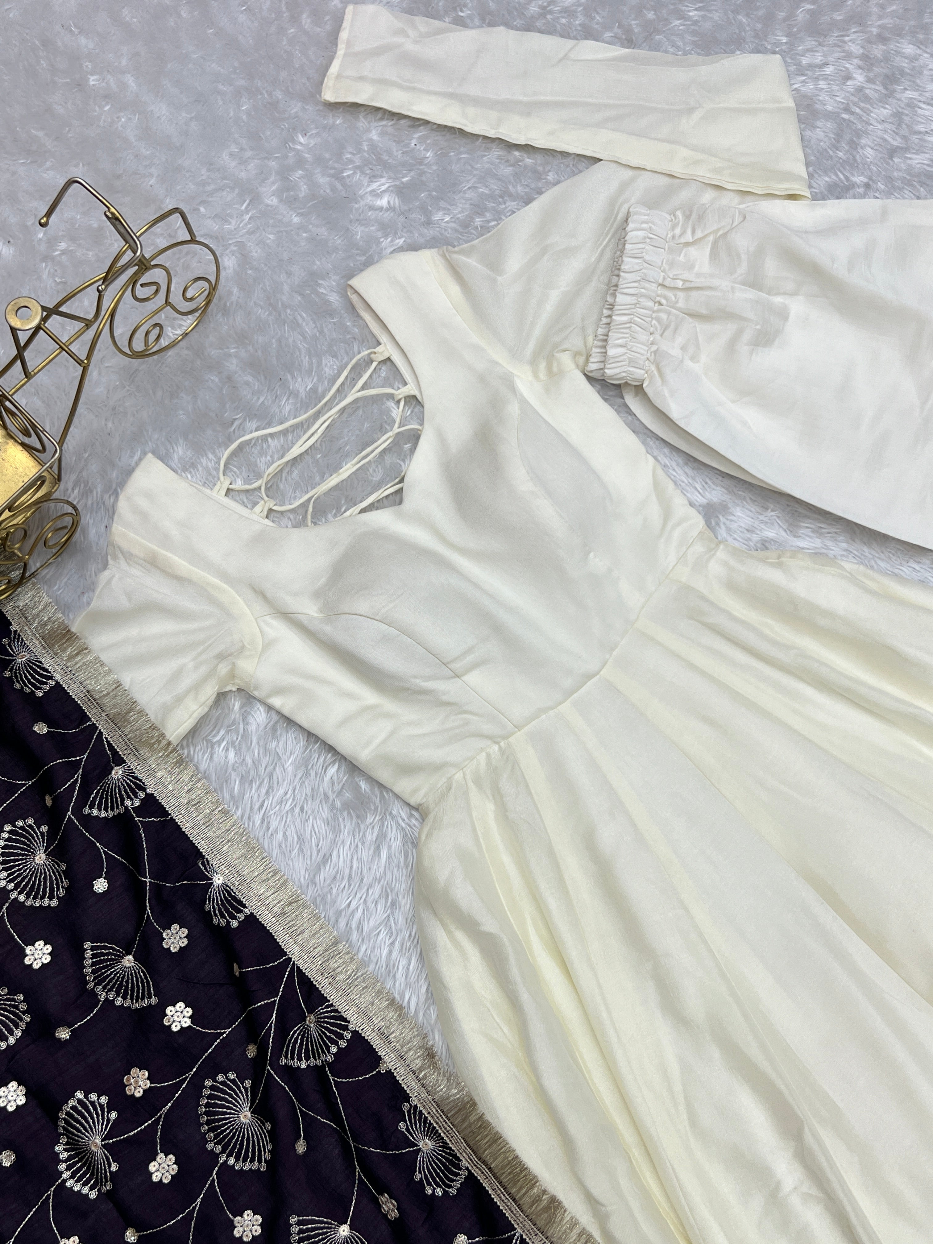 Winsome White Vichitra Silk Anarkali Pant Set With Beautiful Dupatta