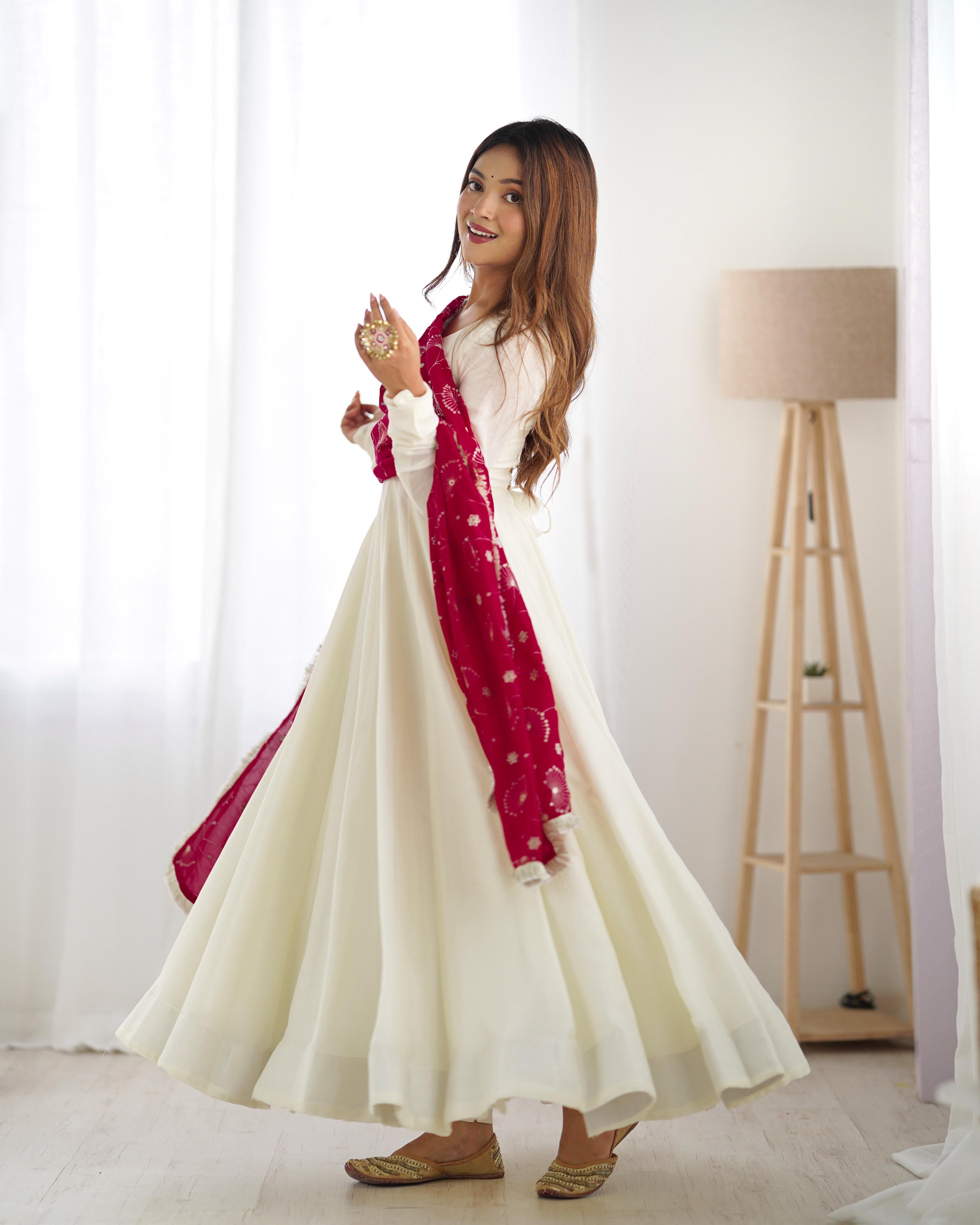 Winsome White Vichitra Silk Anarkali Pant Set With Beautiful Dupatta