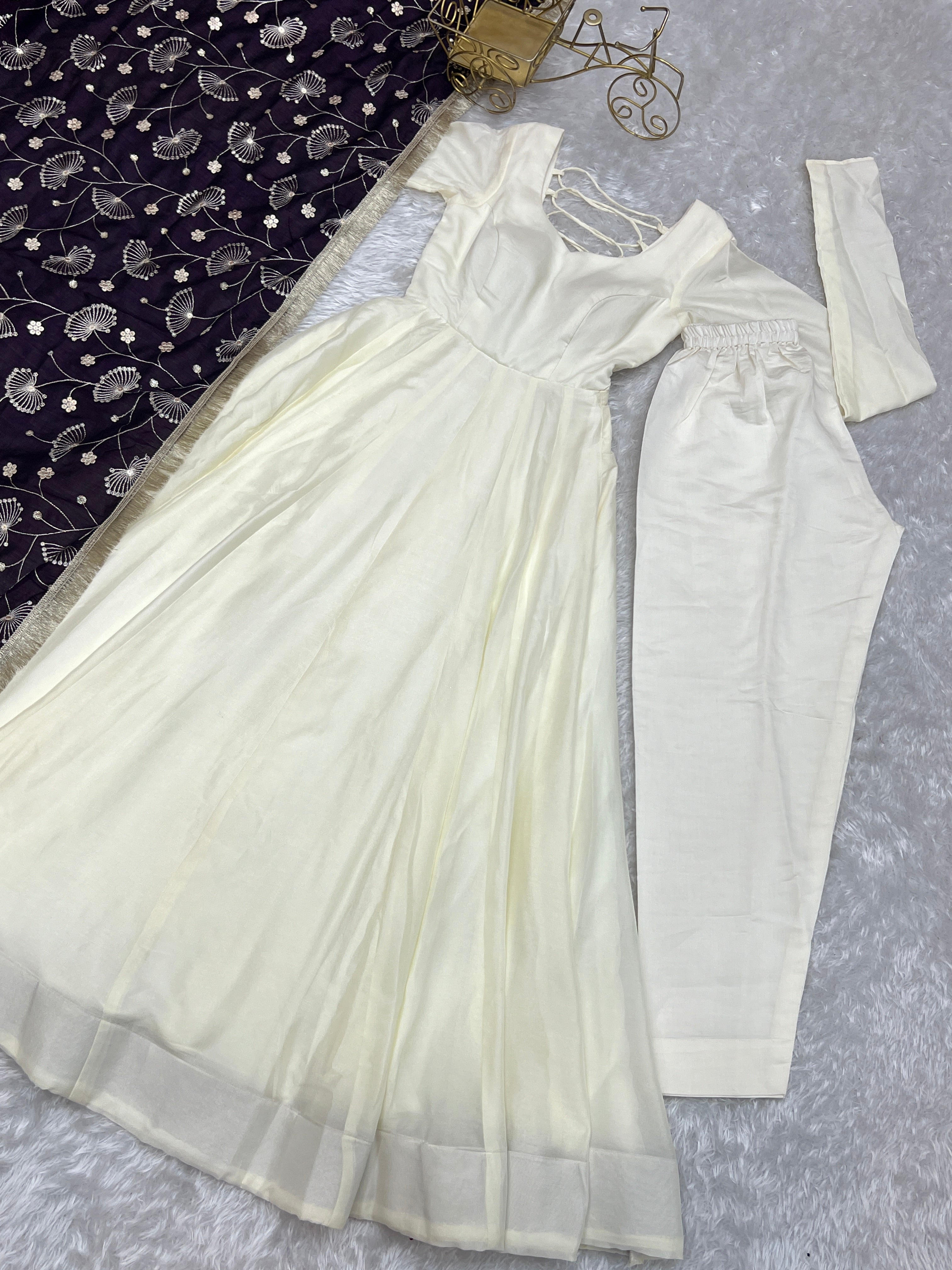 Winsome White Vichitra Silk Anarkali Pant Set With Beautiful Dupatta