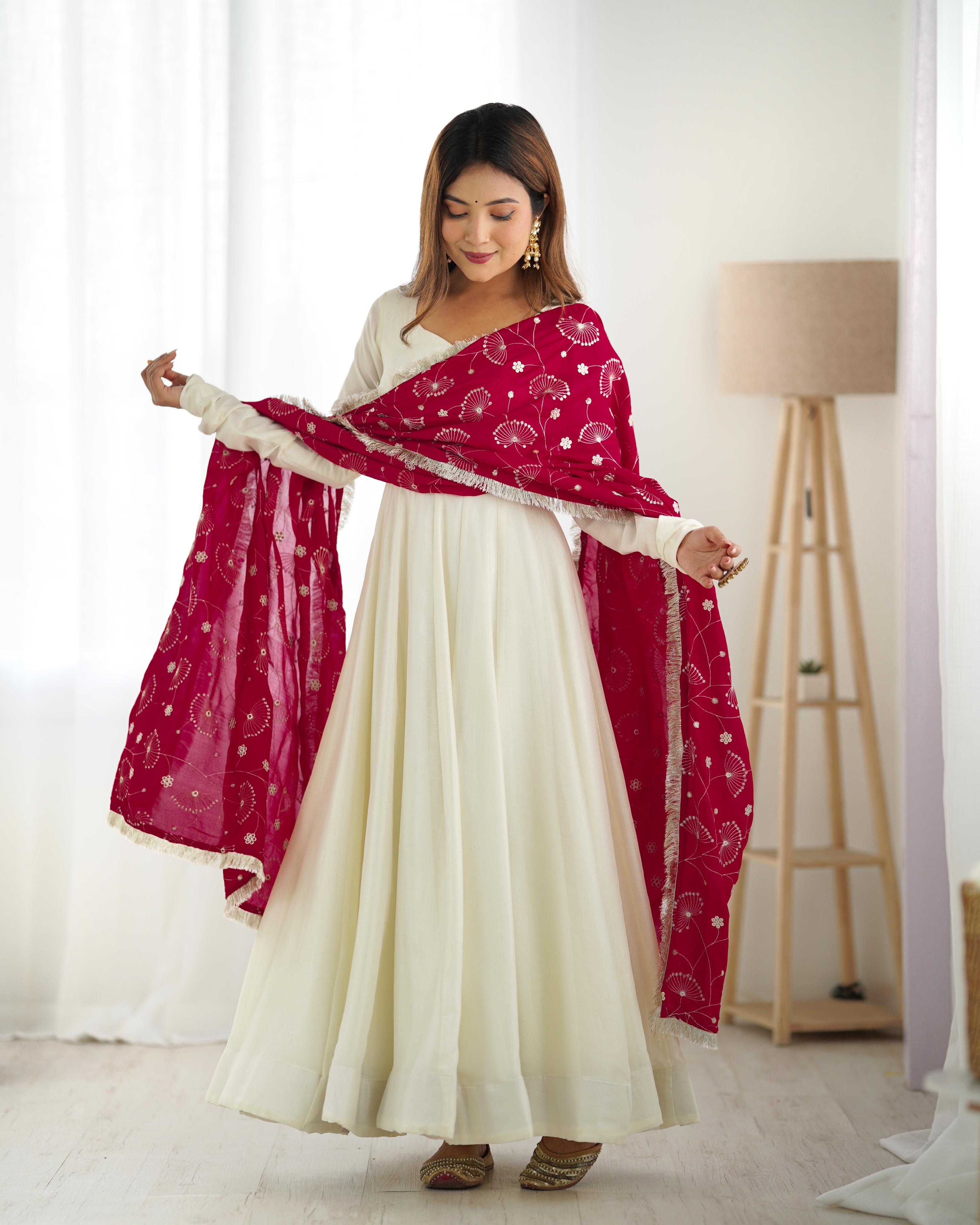 Winsome White Vichitra Silk Anarkali Pant Set With Beautiful Dupatta