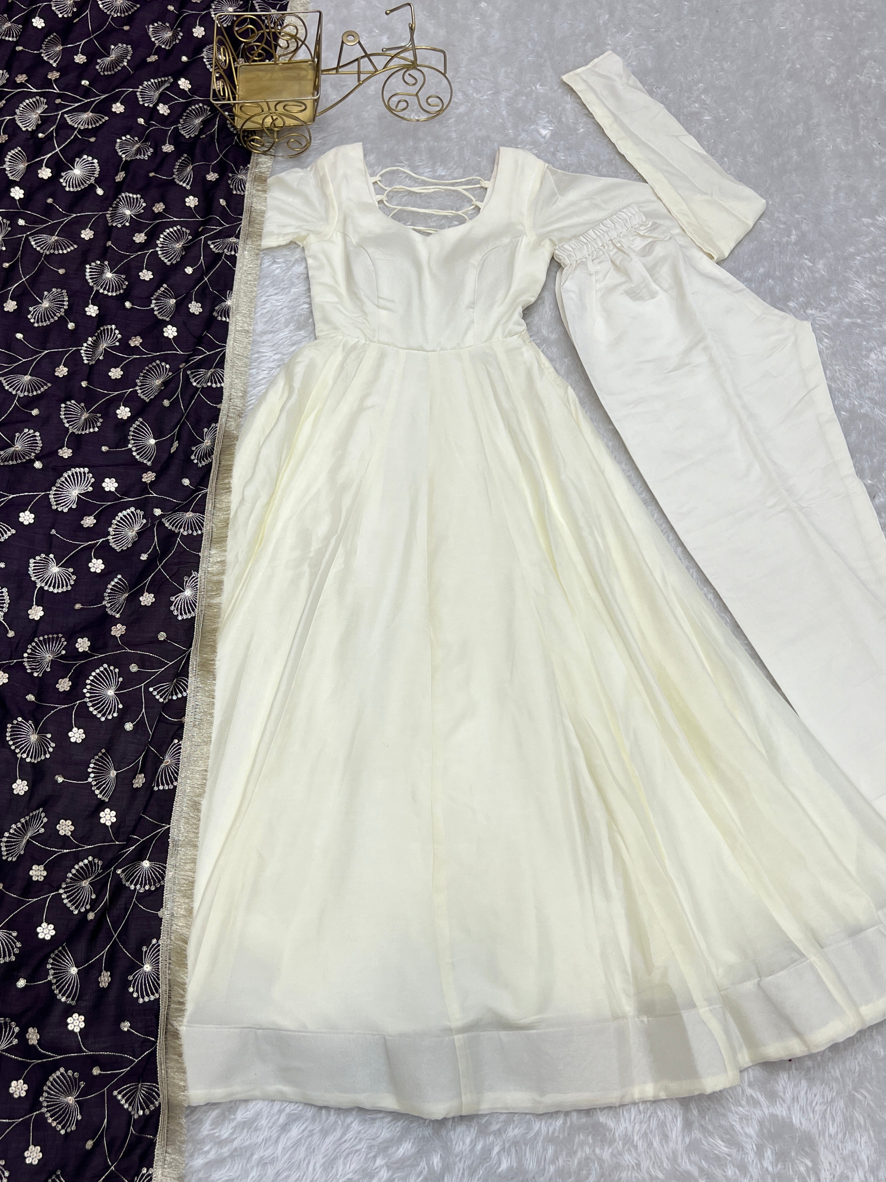 Winsome White Vichitra Silk Anarkali Pant Set With Beautiful Dupatta