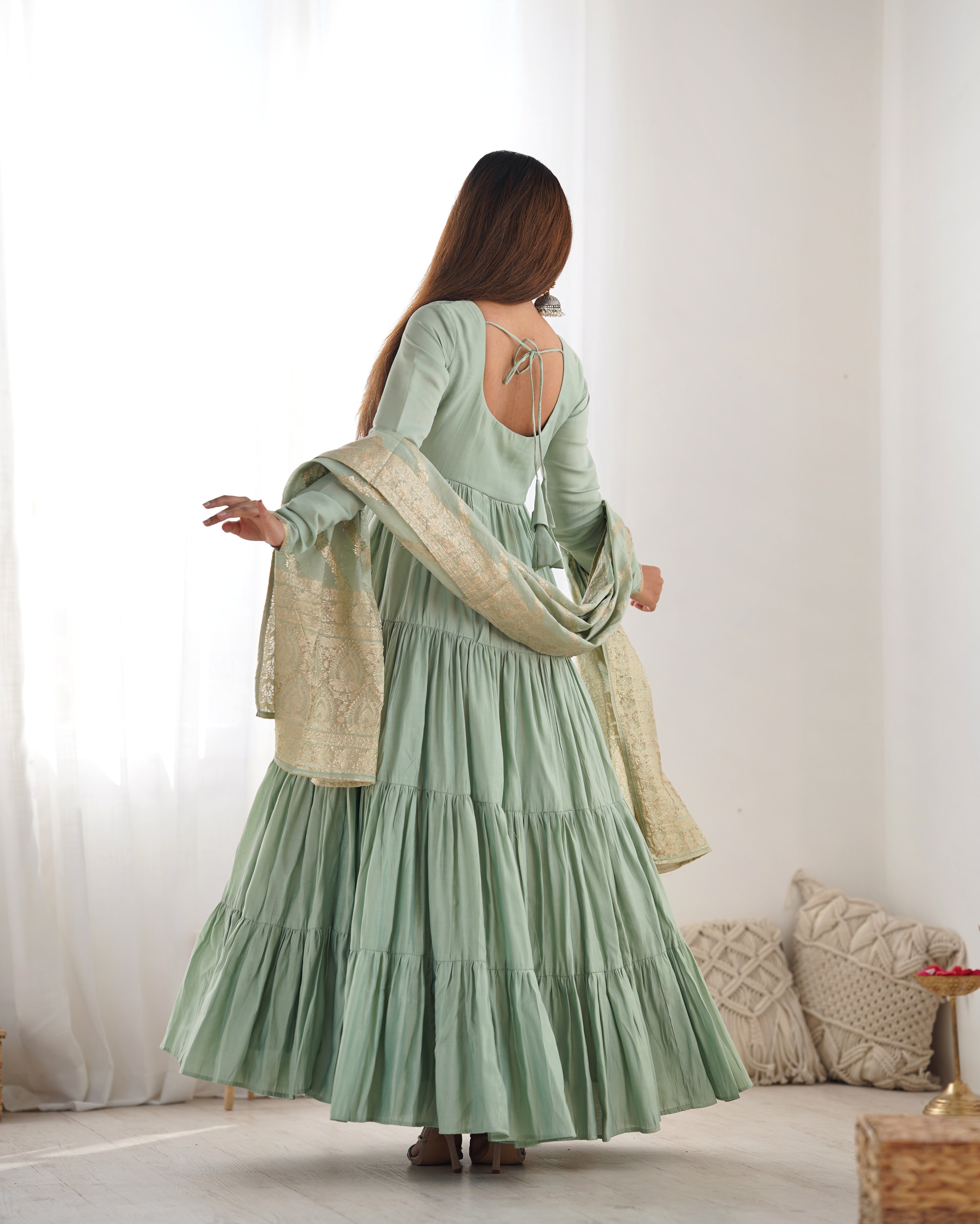 Elegant Pure Roman Silk 9 Mtr Flared Designer Anarkali Suit