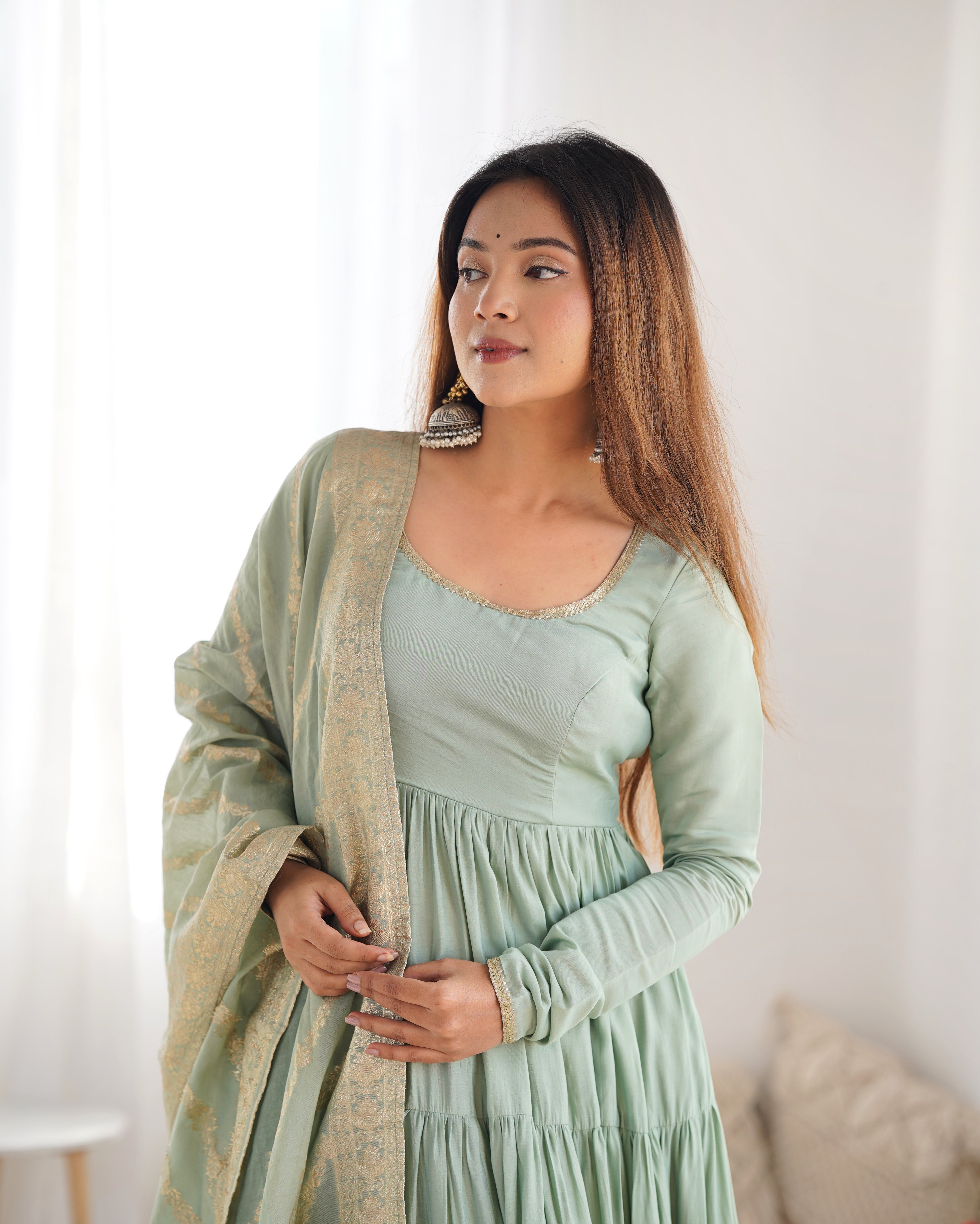 Elegant Pure Roman Silk 9 Mtr Flared Designer Anarkali Suit