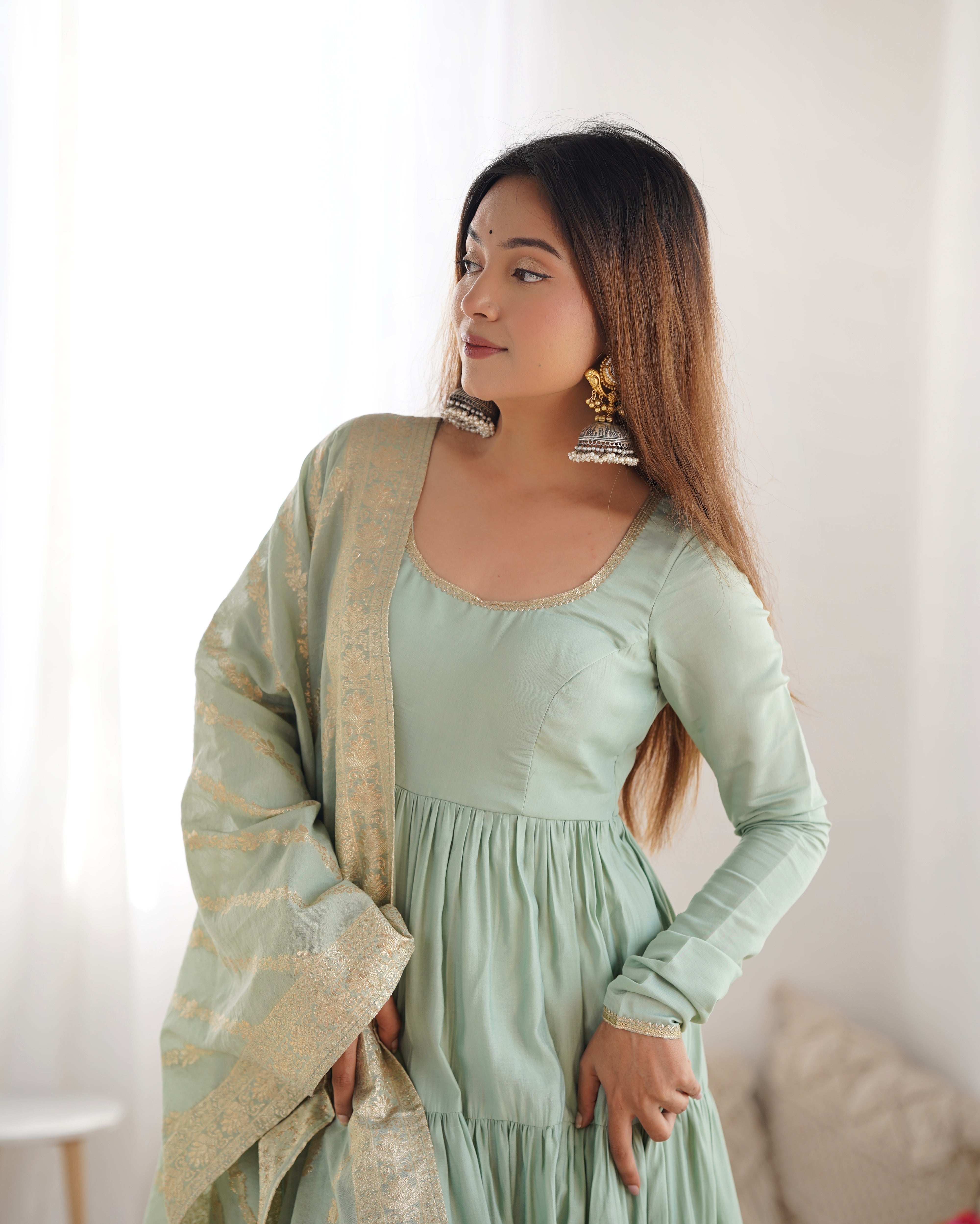 Elegant Pure Roman Silk 9 Mtr Flared Designer Anarkali Suit