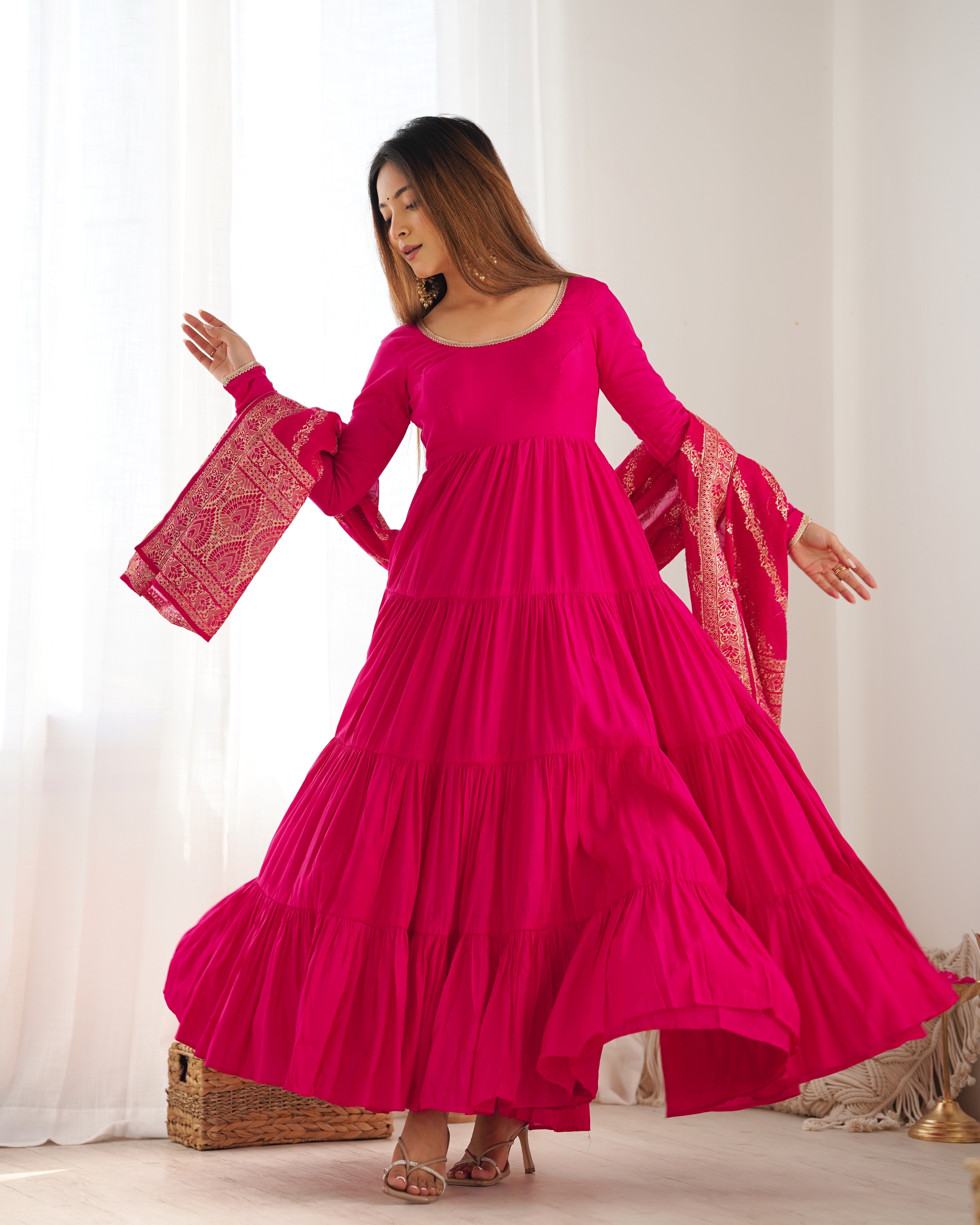 Elegant Pure Roman Silk 9 Mtr Flared Designer Anarkali Suit