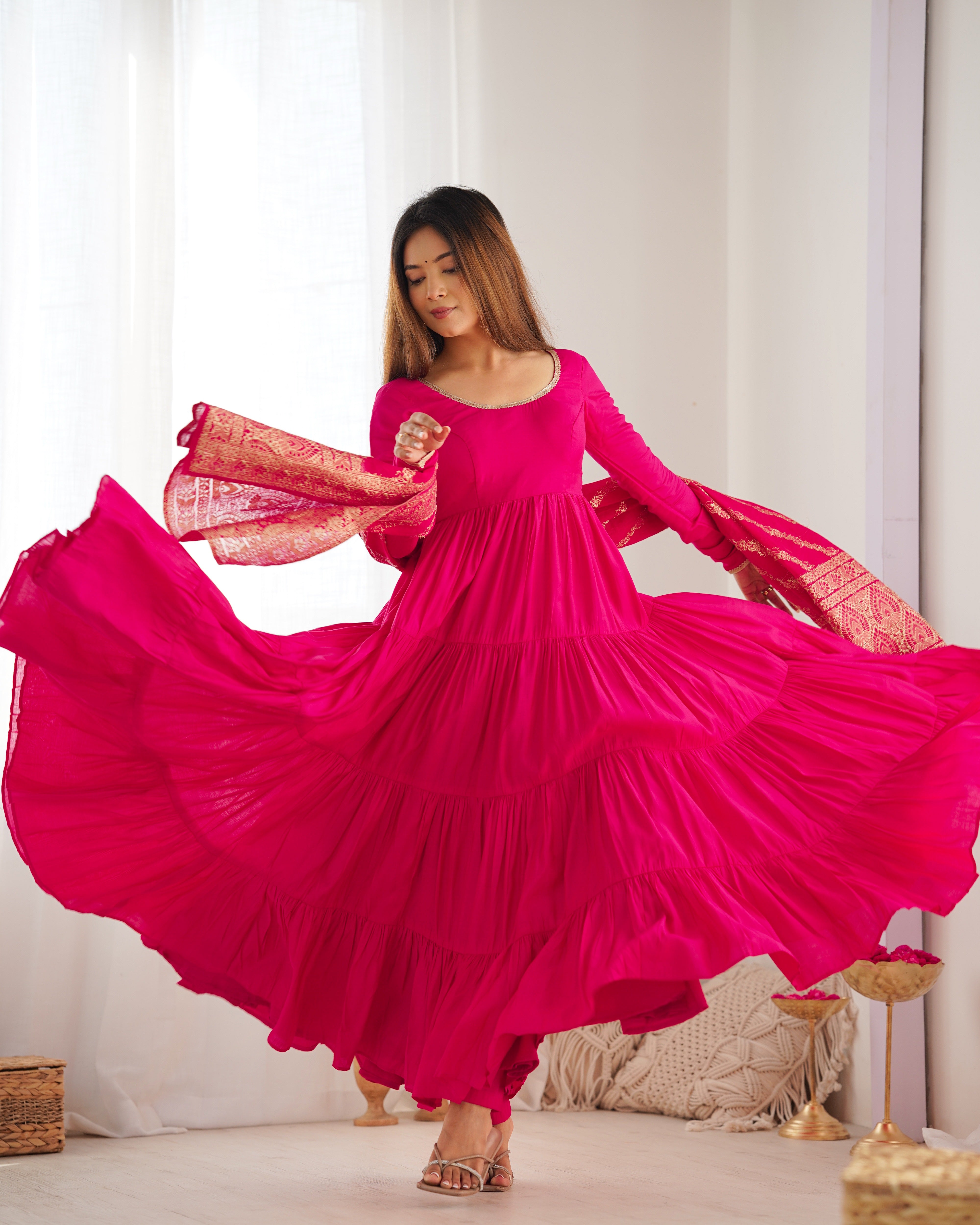 Elegant Pure Roman Silk 9 Mtr Flared Designer Anarkali Suit