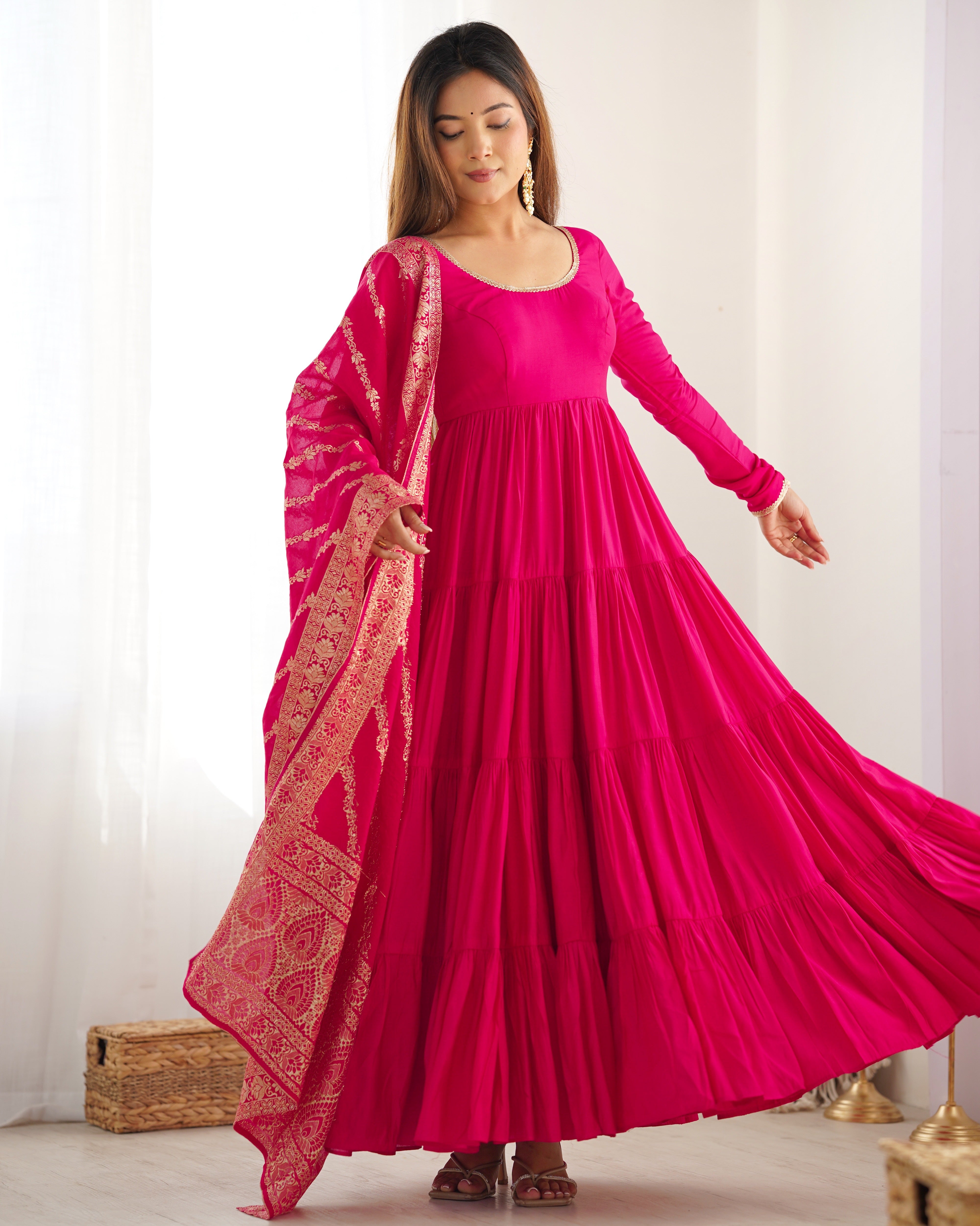 Elegant Pure Roman Silk 9 Mtr Flared Designer Anarkali Suit
