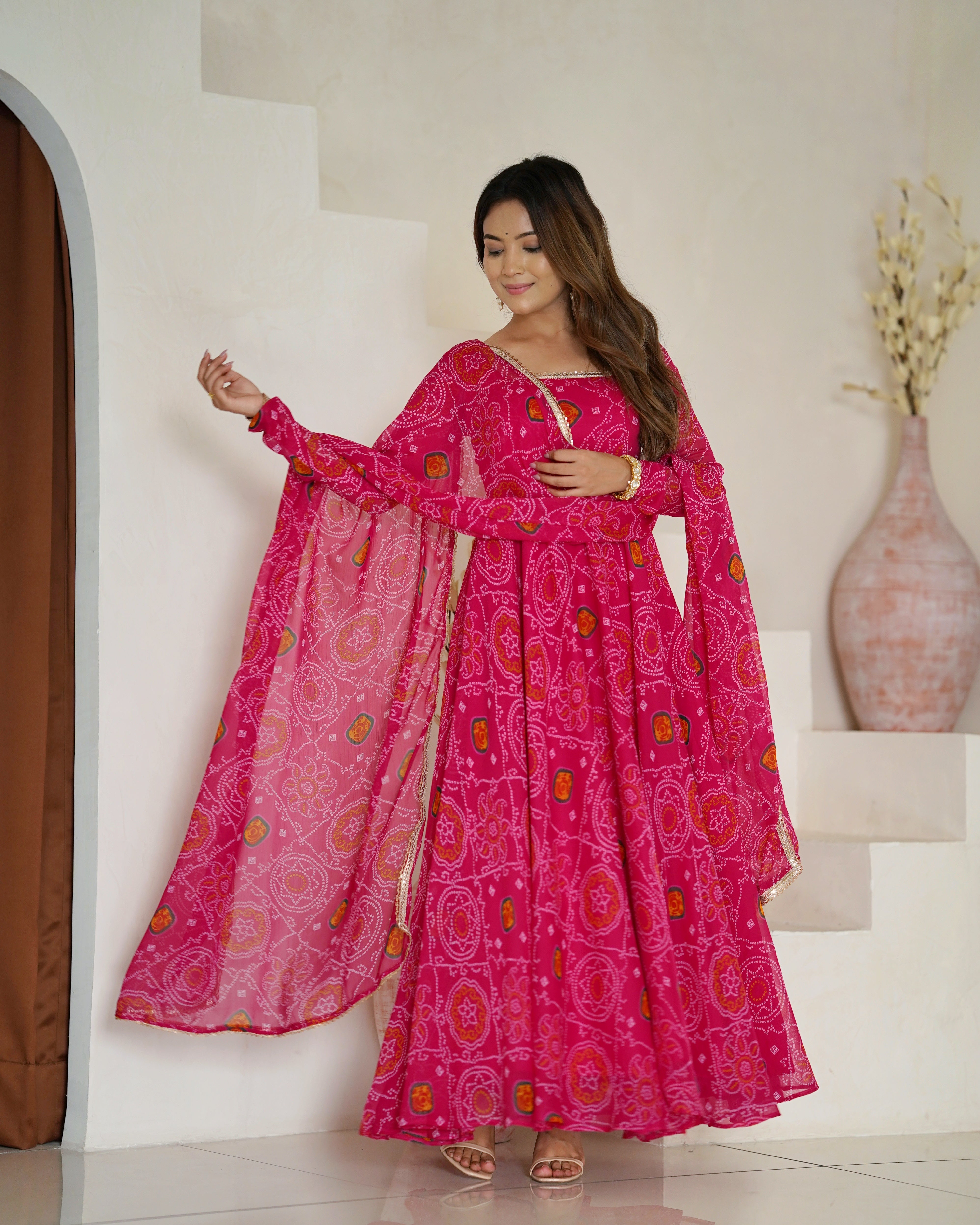 Stylish Pure Chiffon Intricate Bandhej Printed Anarkali Pant Suit