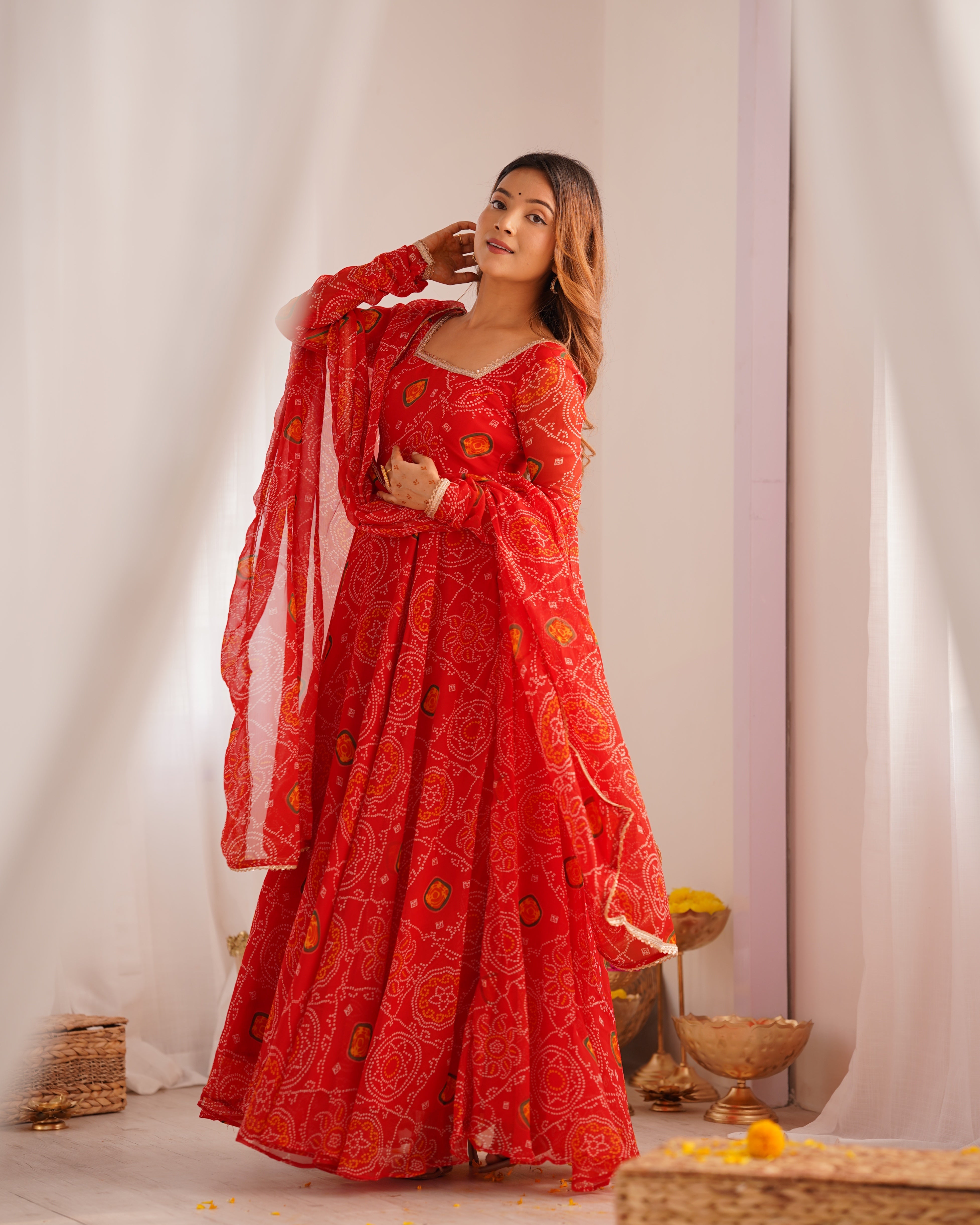 Stylish Pure Chiffon Intricate Bandhej Printed Anarkali Pant Suit