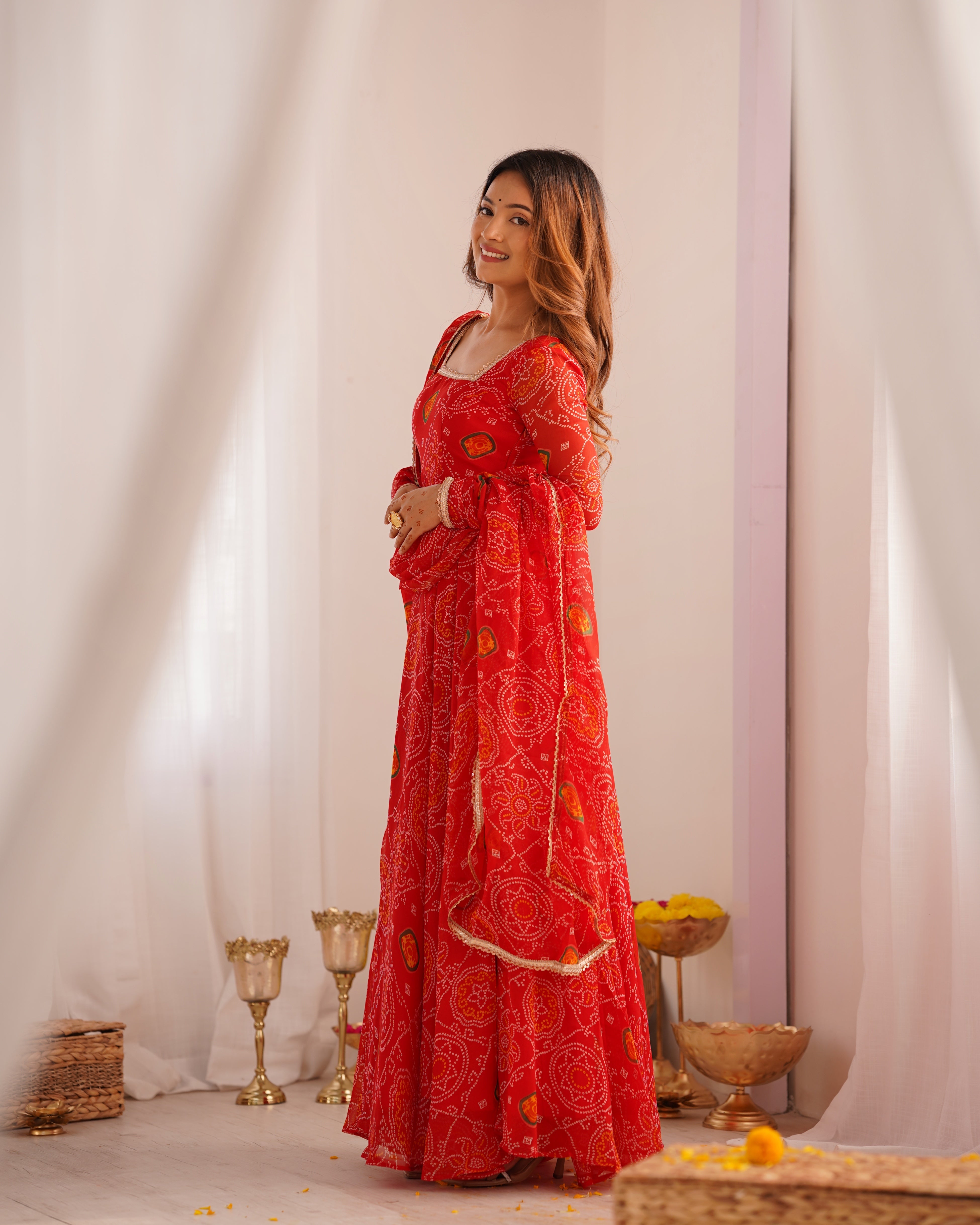 Stylish Pure Chiffon Intricate Bandhej Printed Anarkali Pant Suit