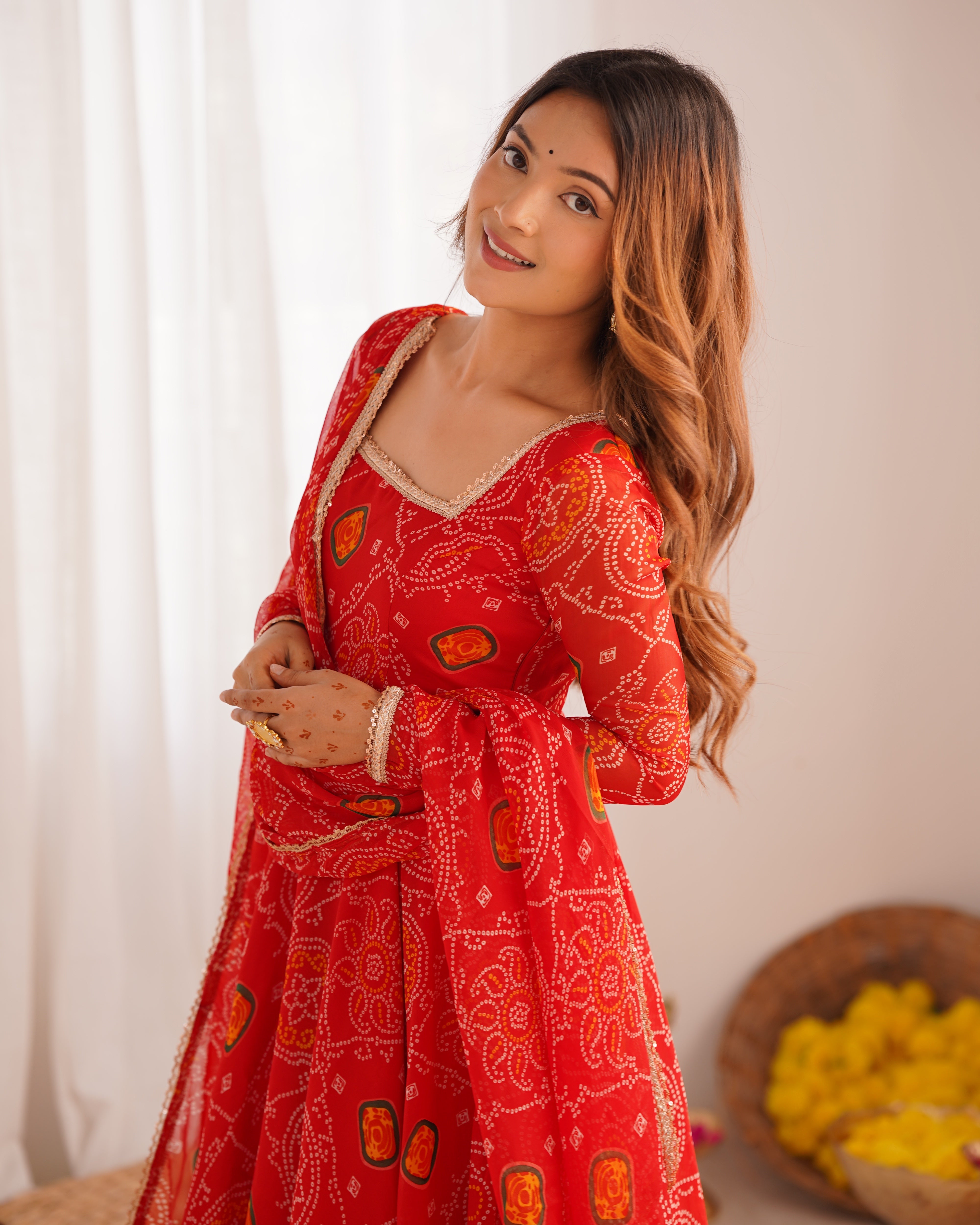 Stylish Pure Chiffon Intricate Bandhej Printed Anarkali Pant Suit